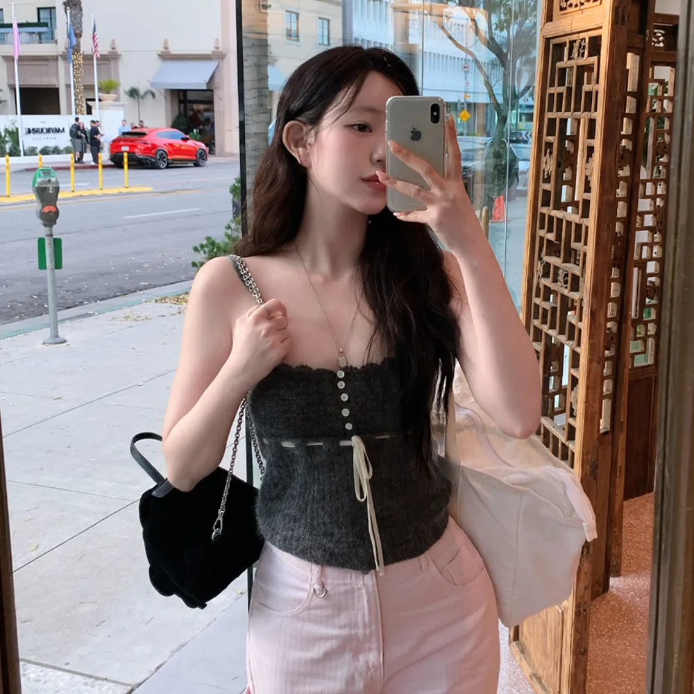 Plery Lace Knit Sleeveless Top_Charcoal