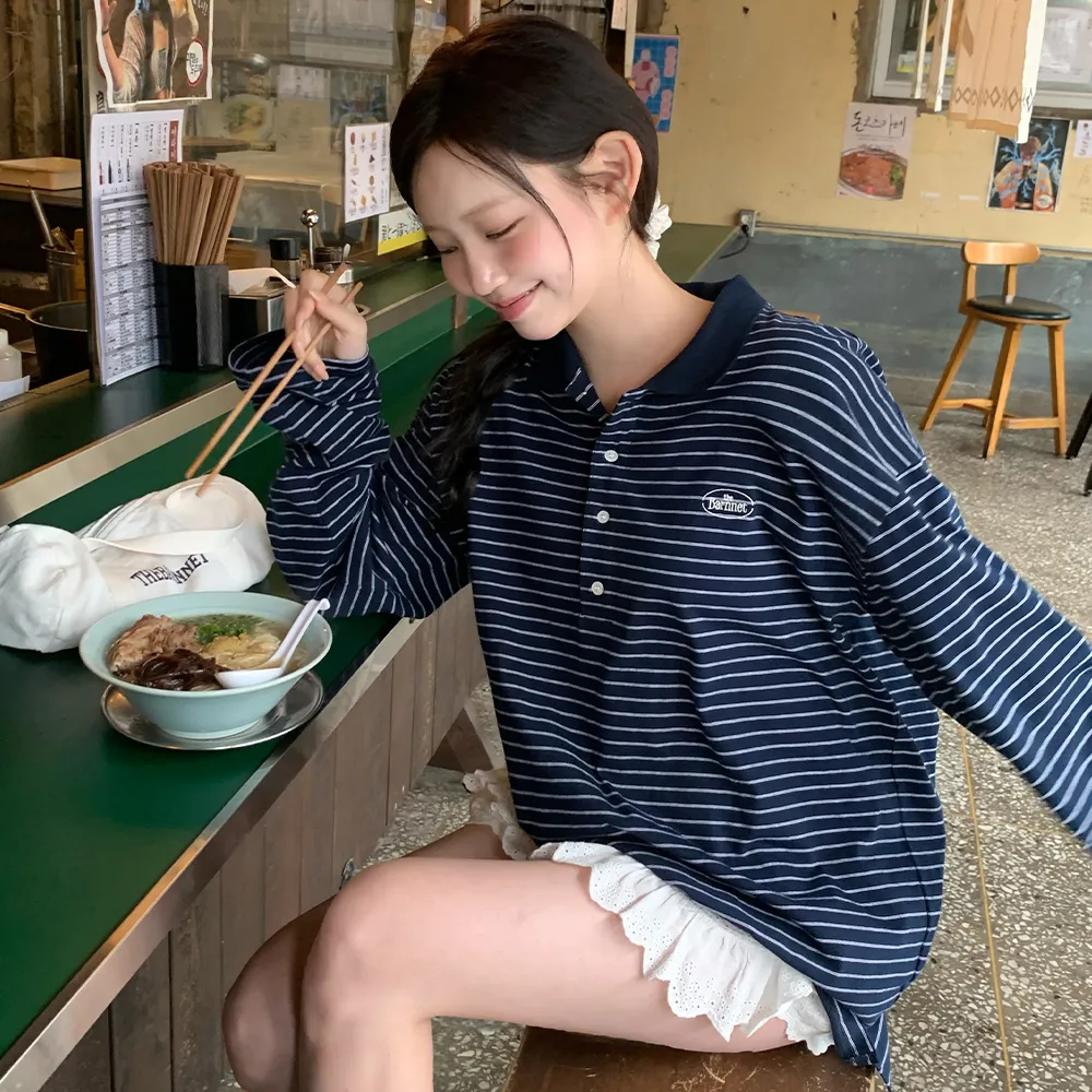 【先行販売】Delphine Stripe Pique Shirt_Navy