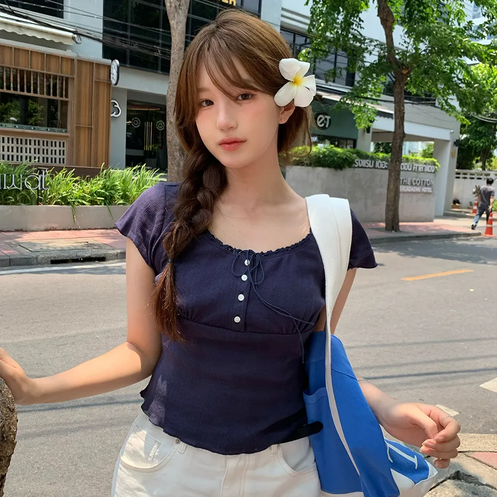 Cotton Eyelet Button Top_Navy