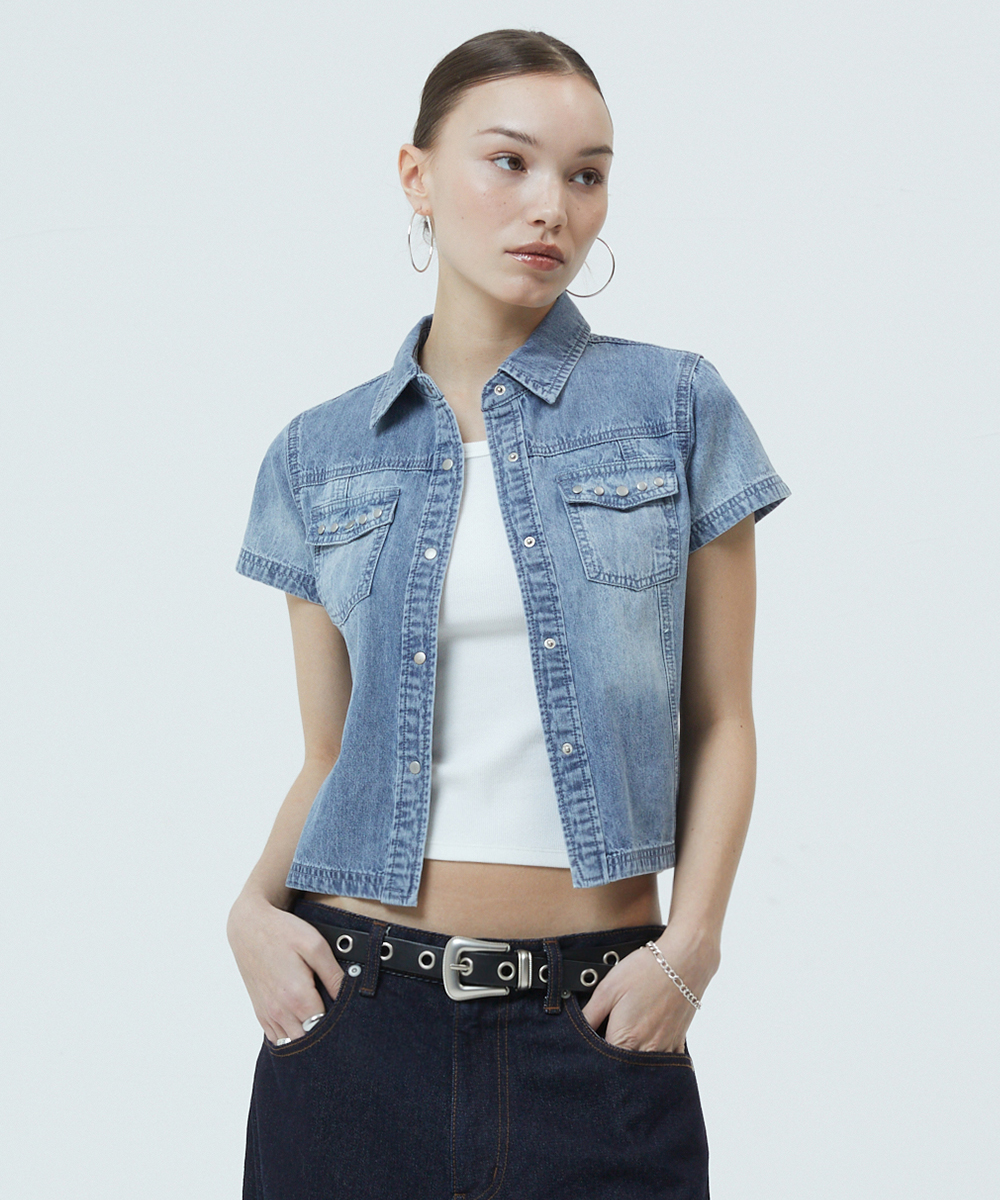 DENIM STUD HALF SHIRT[BLUE]
