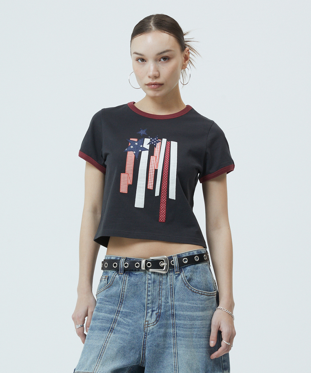 FLAG APPLIQUE RINGER CROP TEE[CHARCOAL]