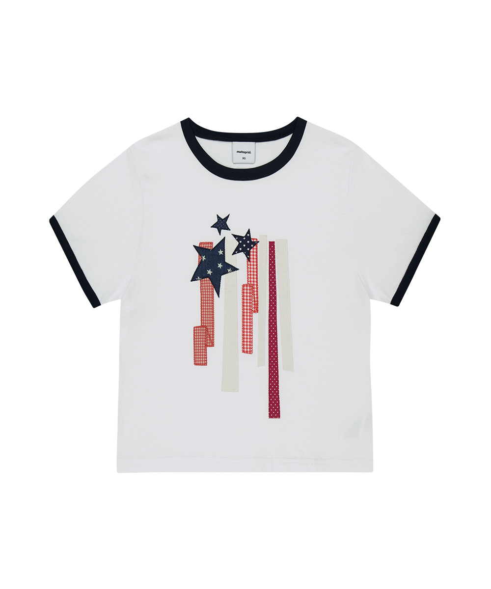 FLAG APPLIQUE RINGER CROP TEE[WHITE]