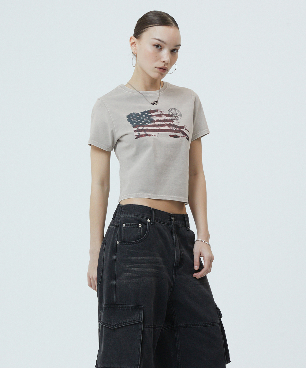 WASHED FLAG CROP TEE[BEIGE]