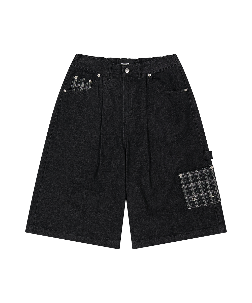BERMUDA CHECK POCKET DENIM SHORT[BLACK]