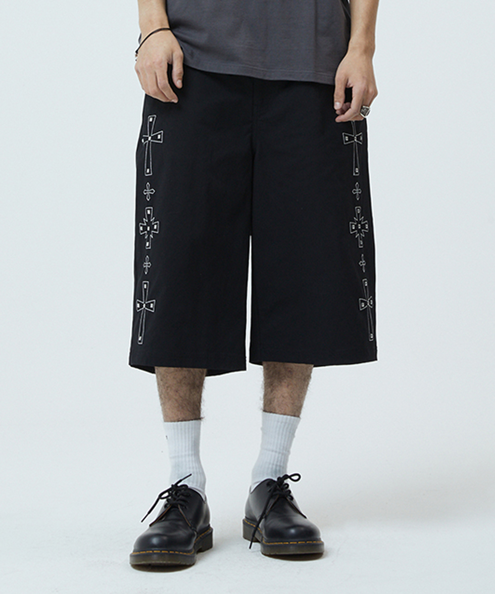 CROSS STUD TWILL SHORTS[BLACK]