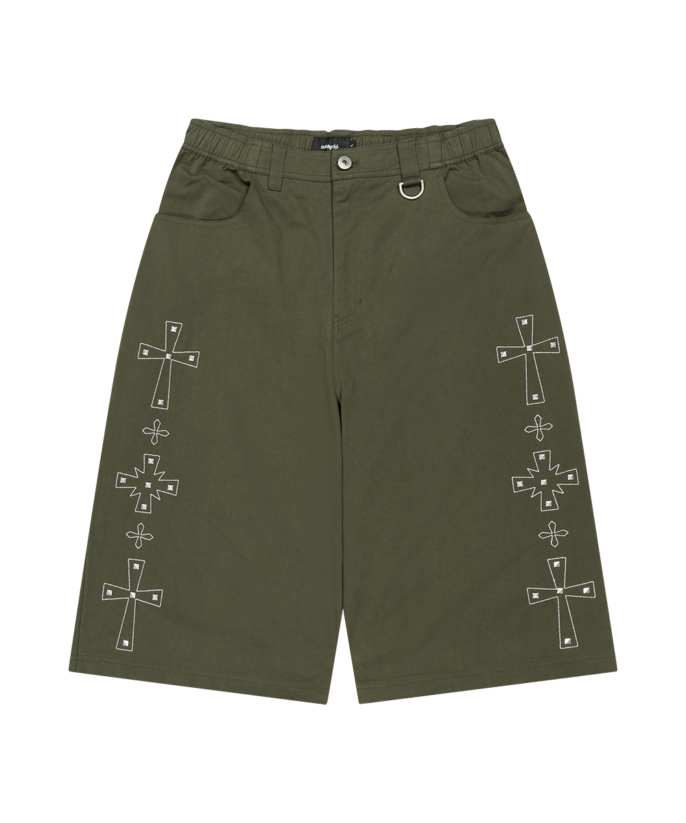 CROSS STUD TWILL SHORTS[KHAKI]