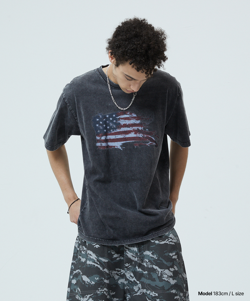WASHED FLAG TEE[BLACK]