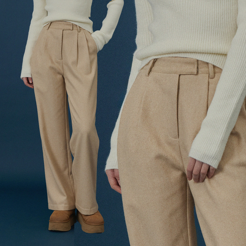 Denim Herringbone Pintuck Wide Slacks (50% Wool)