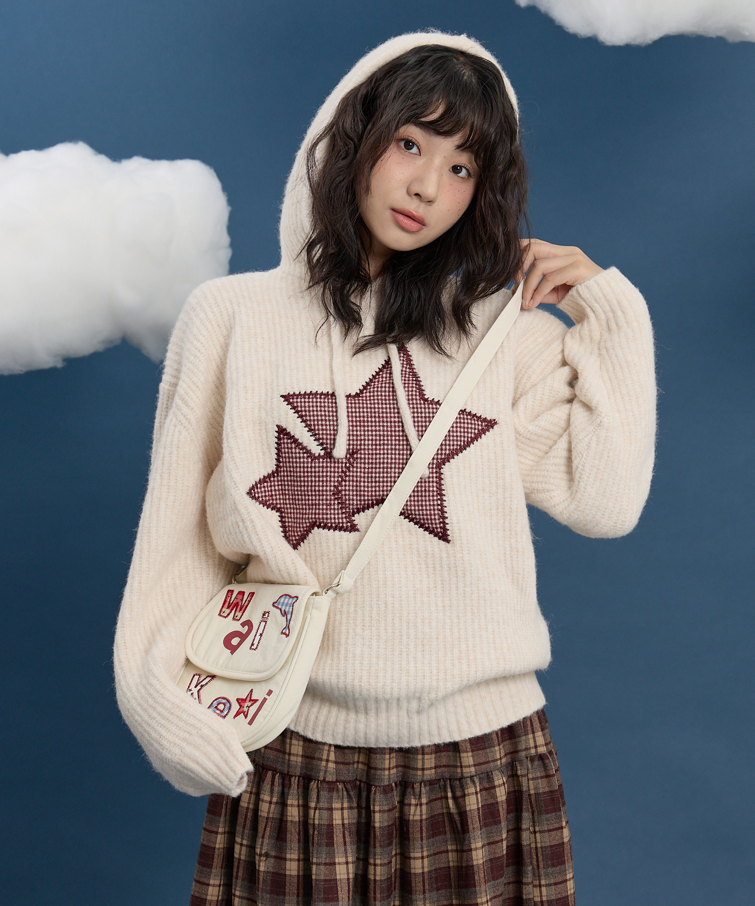 【購入特典】[Influencer pick] Big Star Check Applique Hood Knit IVORY