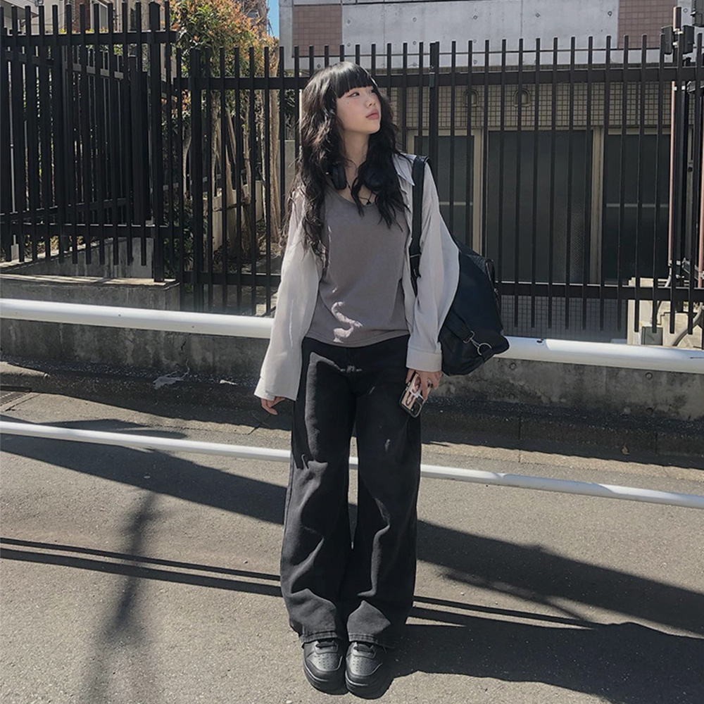 original] デイリーブラックデニムワイドパンツ | ファッション