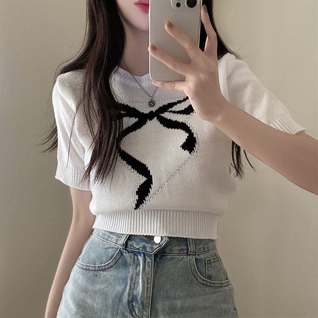 リボンラウンドクロップド半袖ニットTシャツ | ファッション通販サイト