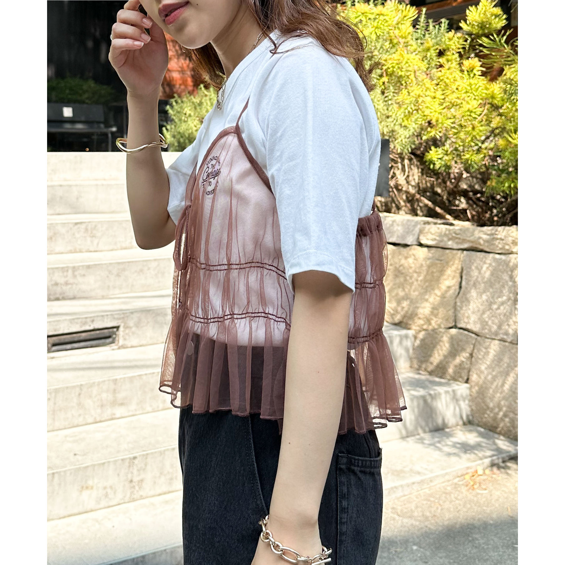 ショートチュールキャミソール She's Closet キャミソール 2WAYショート丈フロントリボン
