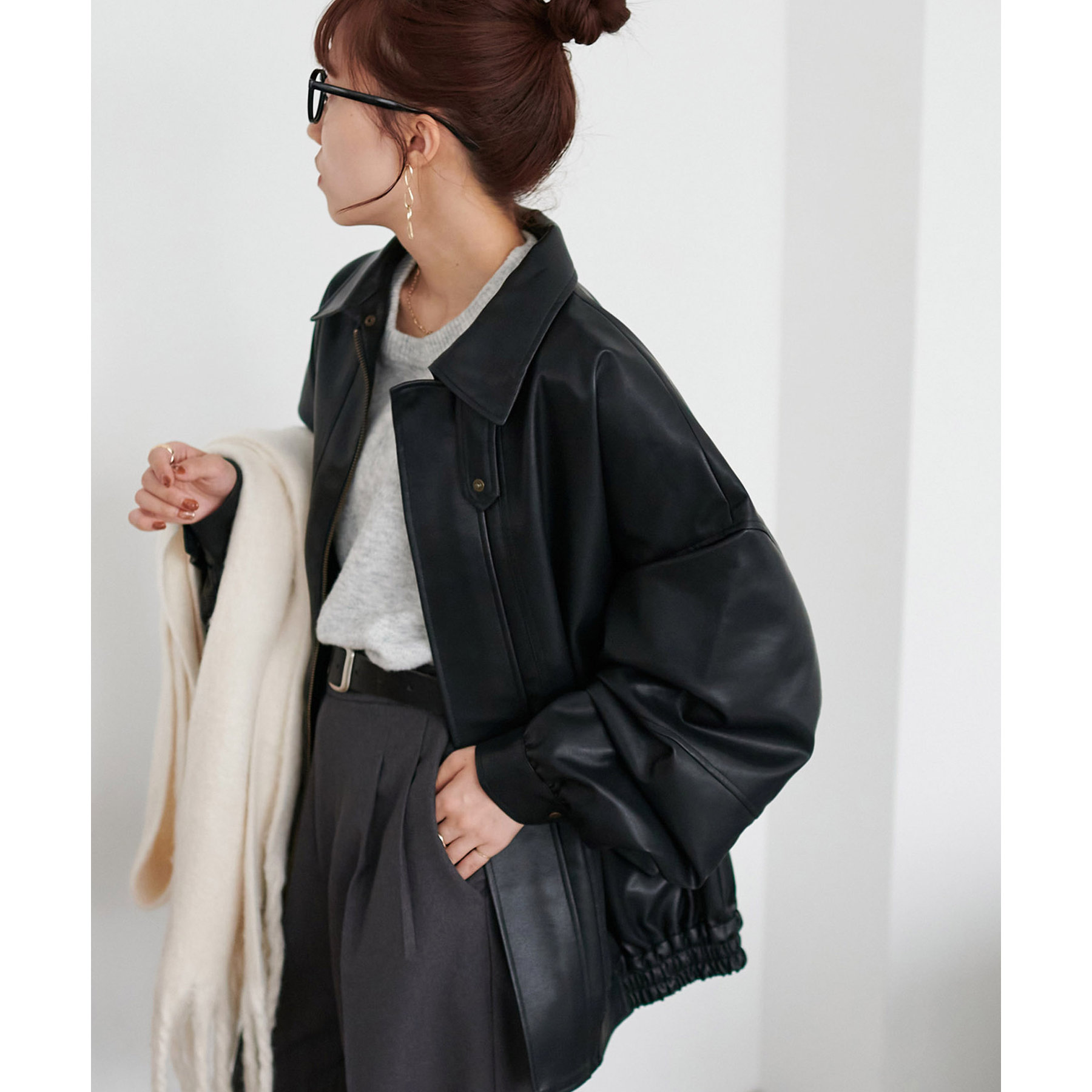 衿取り外し可能/ユニセックス】ボア衿付きフェイクレザーブルゾン