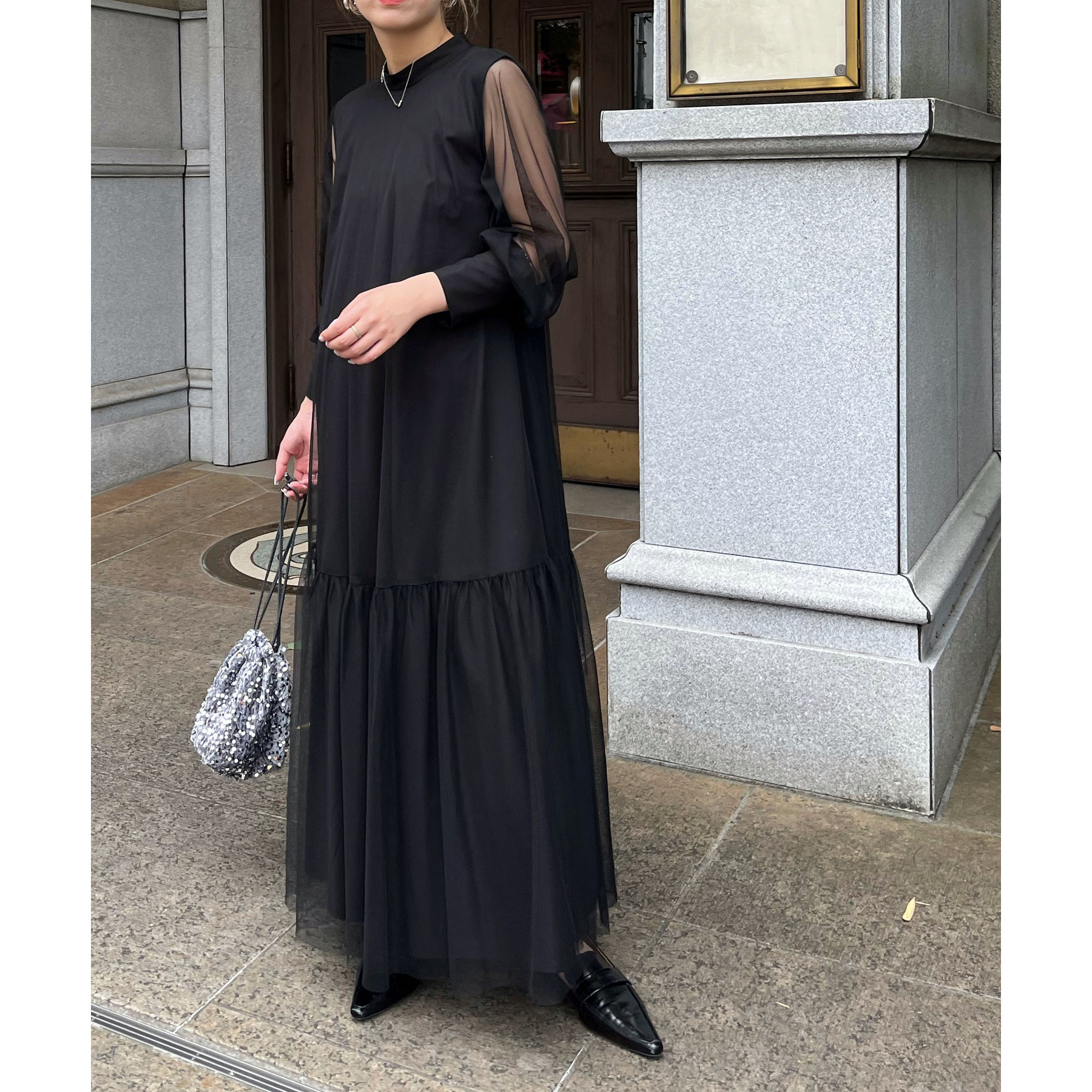 オケージョン】【サイズ展開あり】チュールハイネックワンピース