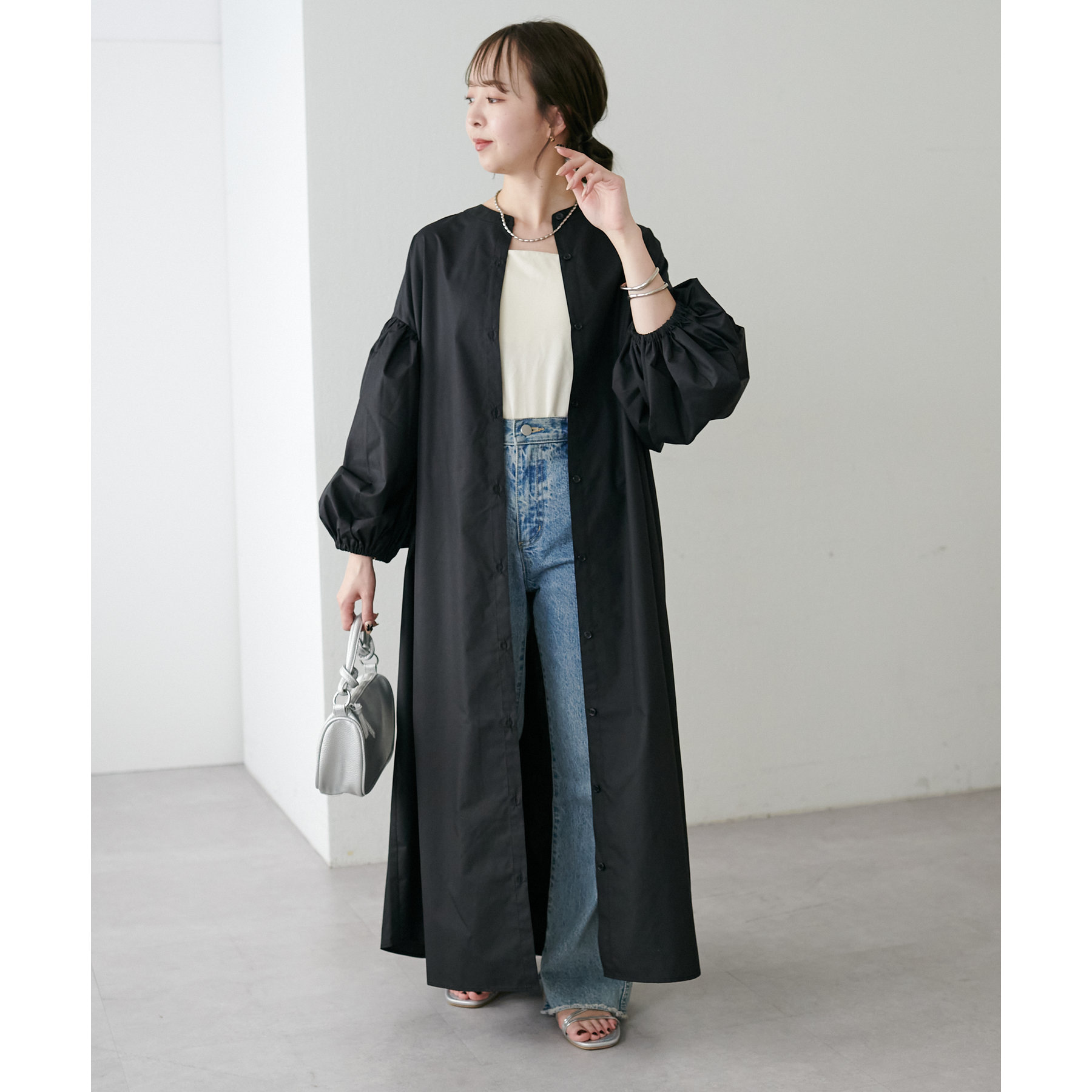 新色追加!/WEB限定】スタンドカラー袖ボリュームワンピース