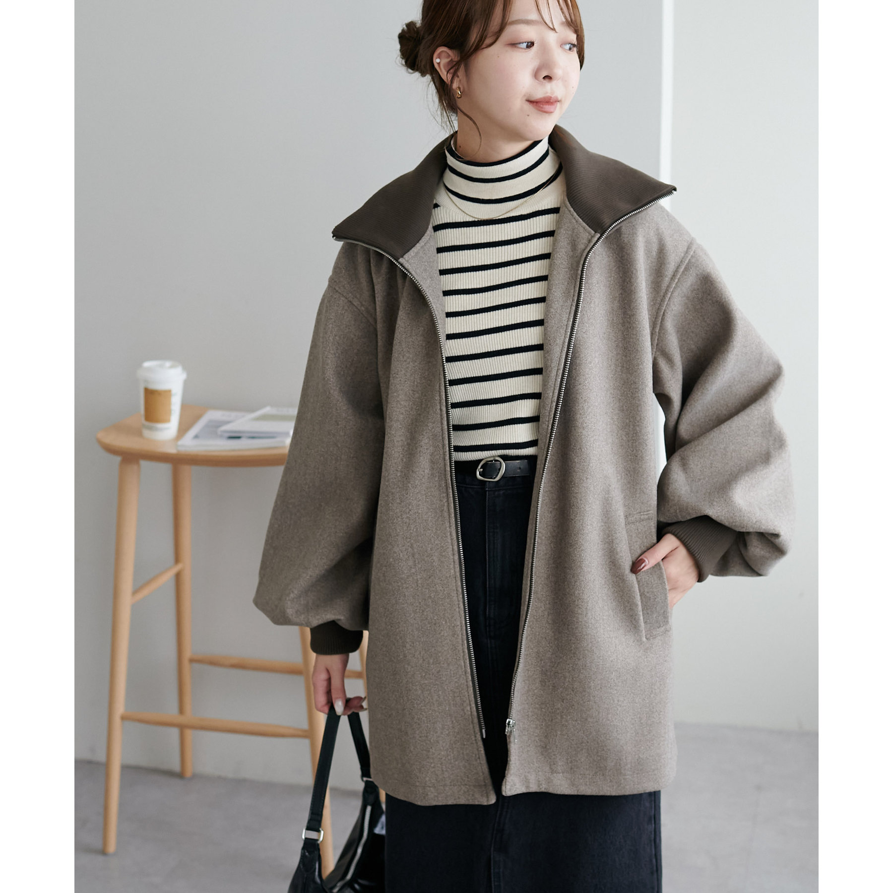 新品　natural couture リブカラーフレエアシルエットミドルコート natural couture コート アウター フードZIPミドル丈コート