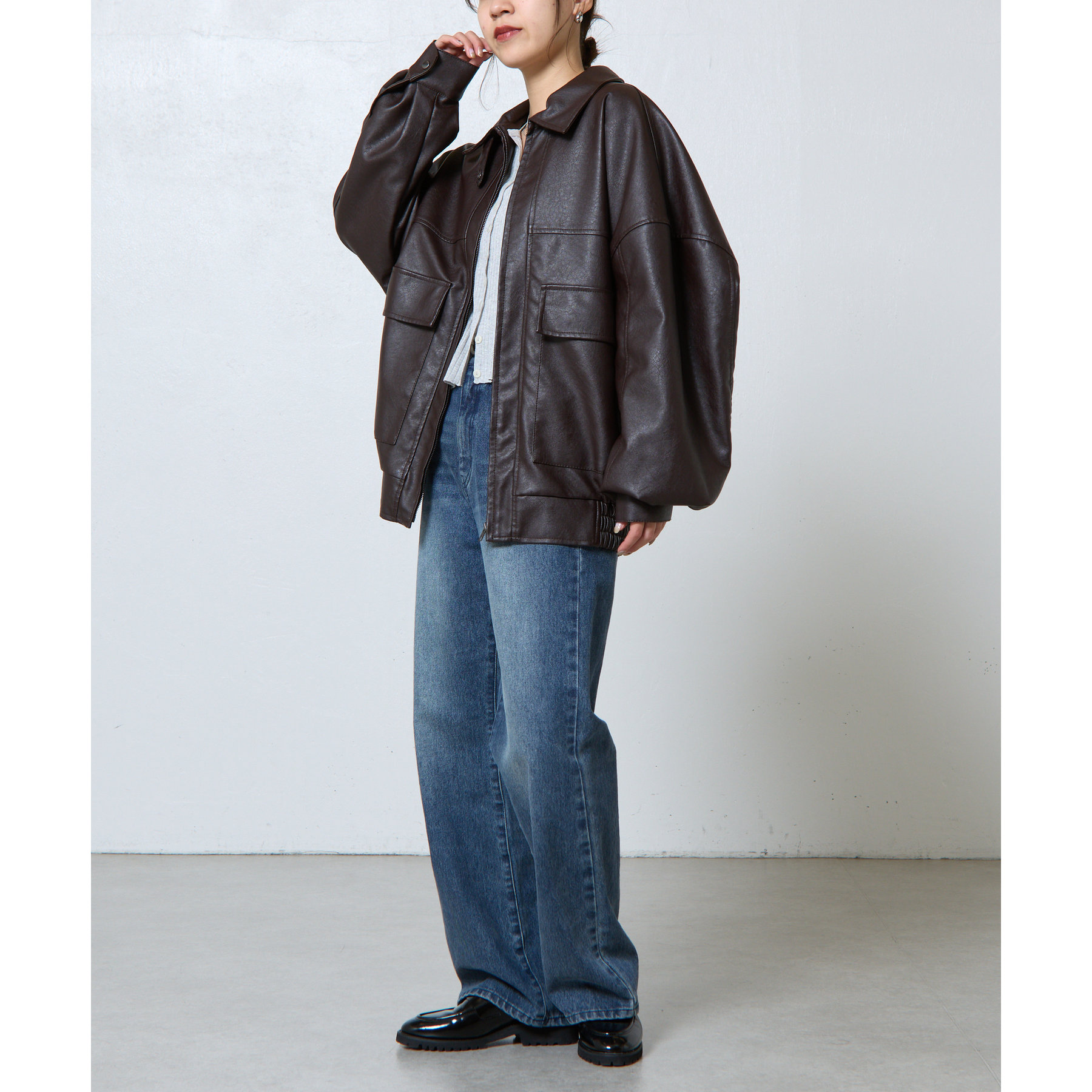 異素材フェイクレザーブルゾン新品 着用動画あり/WEB限定カラー】フェイクレザーオーバーブルゾン