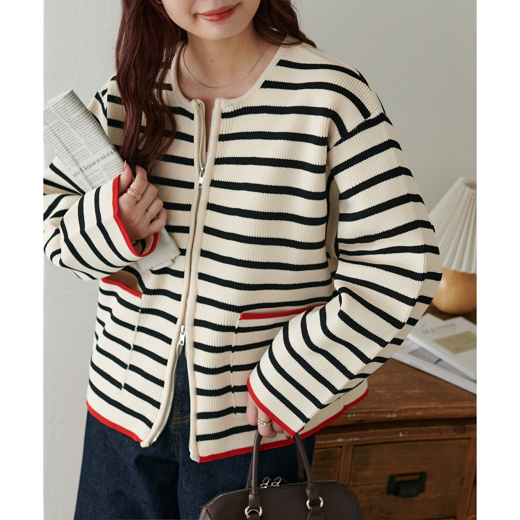 トップス flexwitme foodie 新色追加!/WEB限定】Wジップスポンディッシュクルーカーディガン