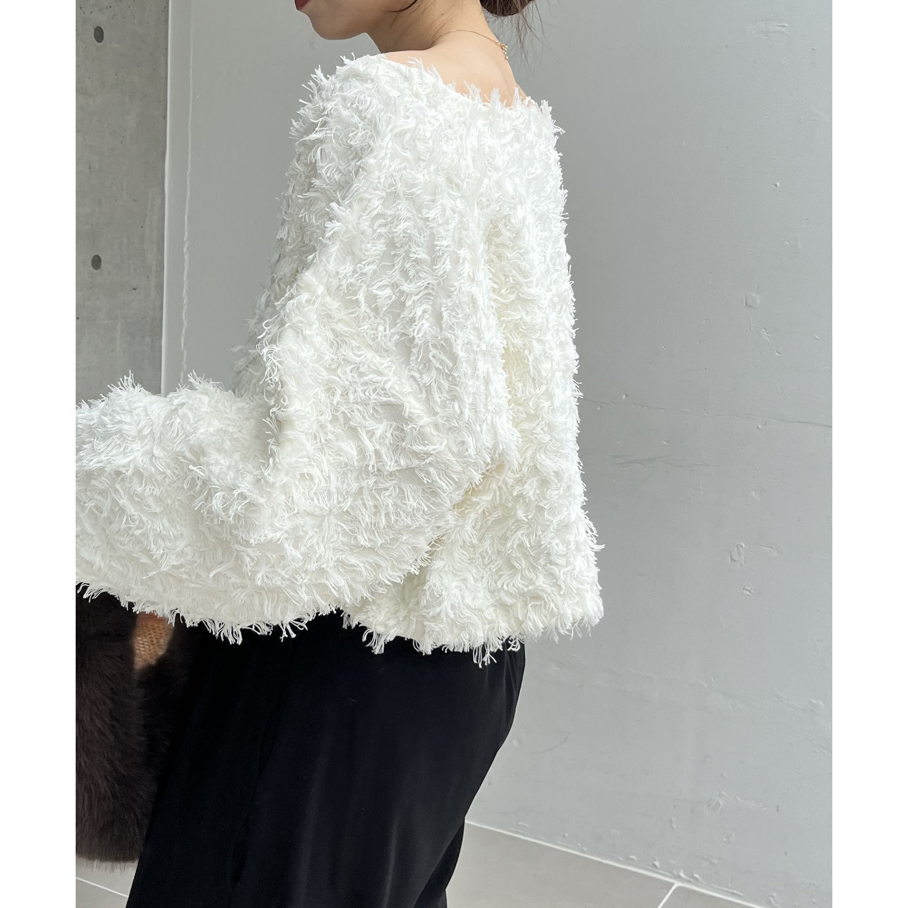 人気アイテム再入荷】フリンジボートネックプルオーバー 