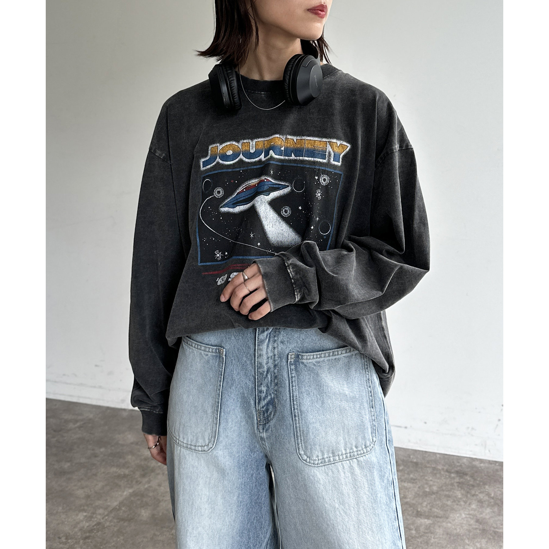 RHUDE ブラック ビンテージ加工ロンT パウダー加工ビンテージライクロンT | ファッション通販サイト NUGU