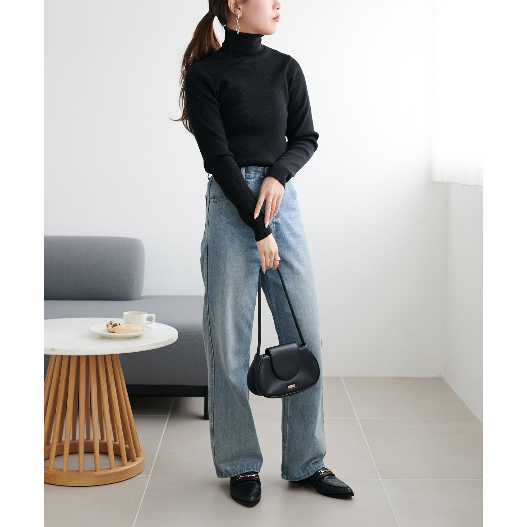 ダークネイビー タートルネックセーター ラメ ラメリブタートル