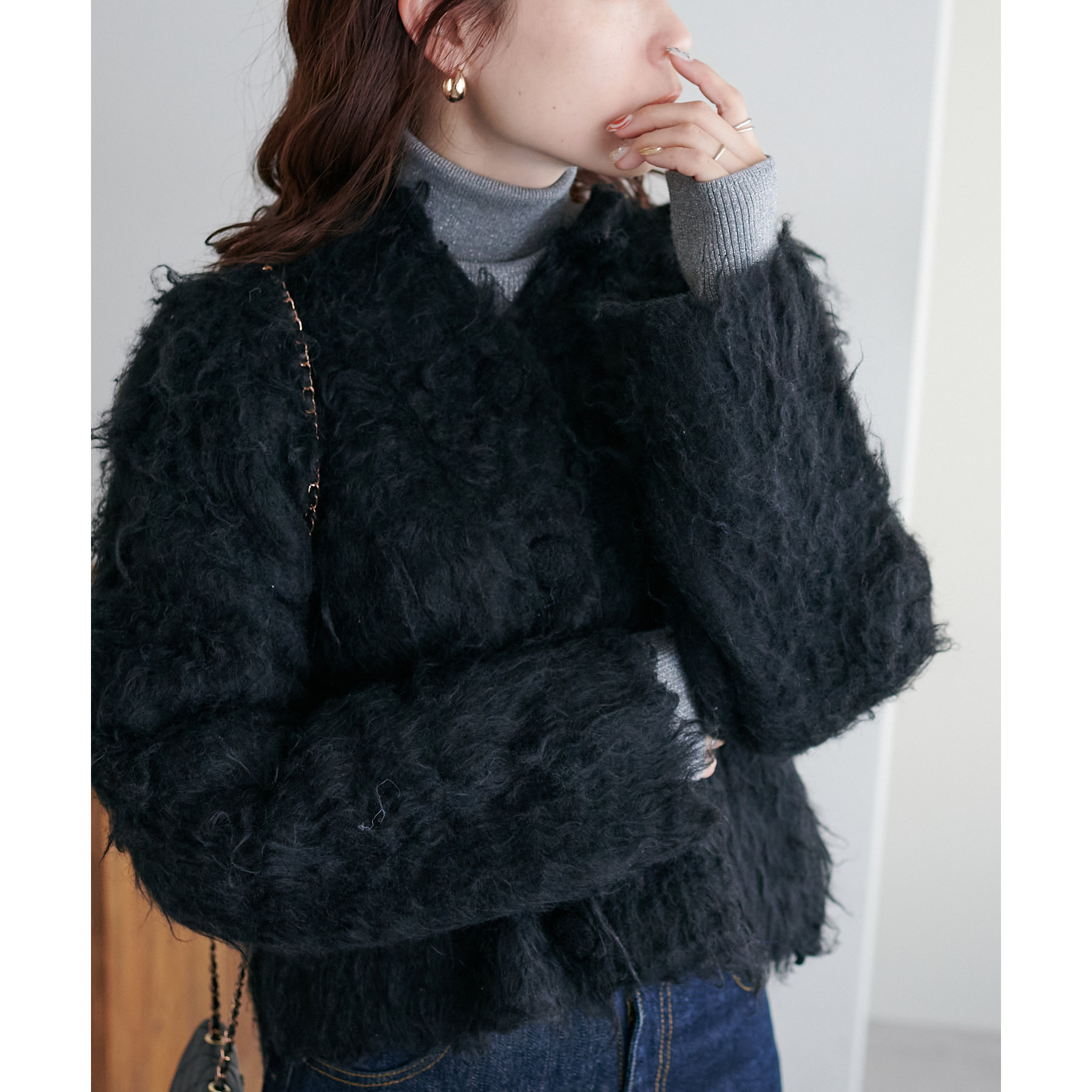 ダークネイビー タートルネックセーター ラメ ラメリブタートル《WEB