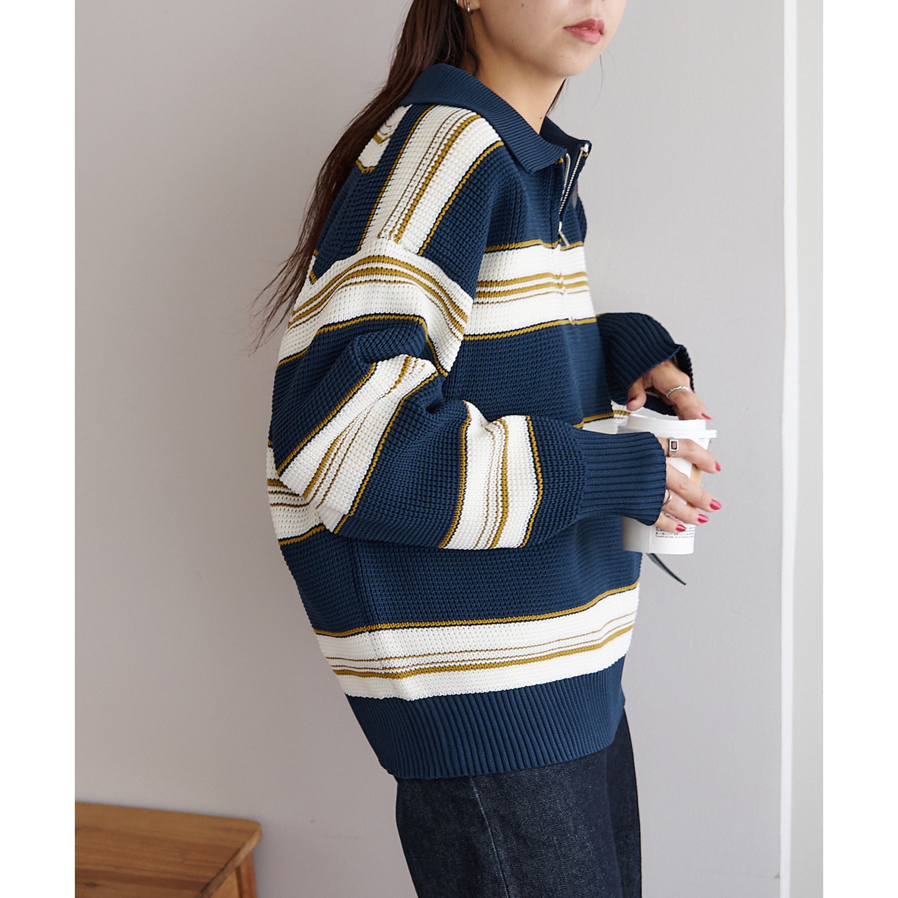 ユニセックス】マルチボーダーハーフジップニット