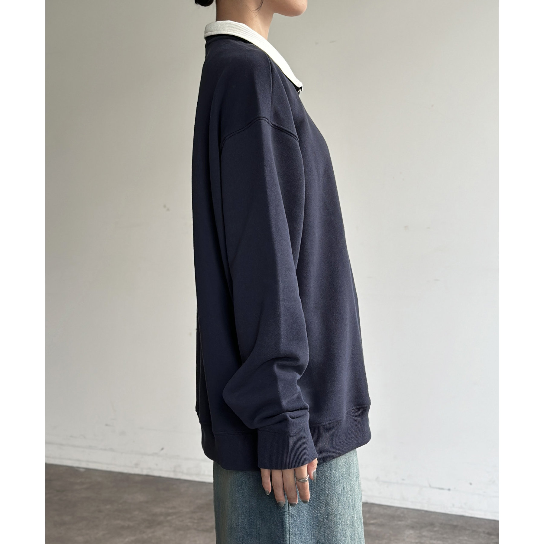 裏毛ハーフジップトップス　ネイビー THREE FIFTY STANDARD あったか裏起毛ハーフジップトップス