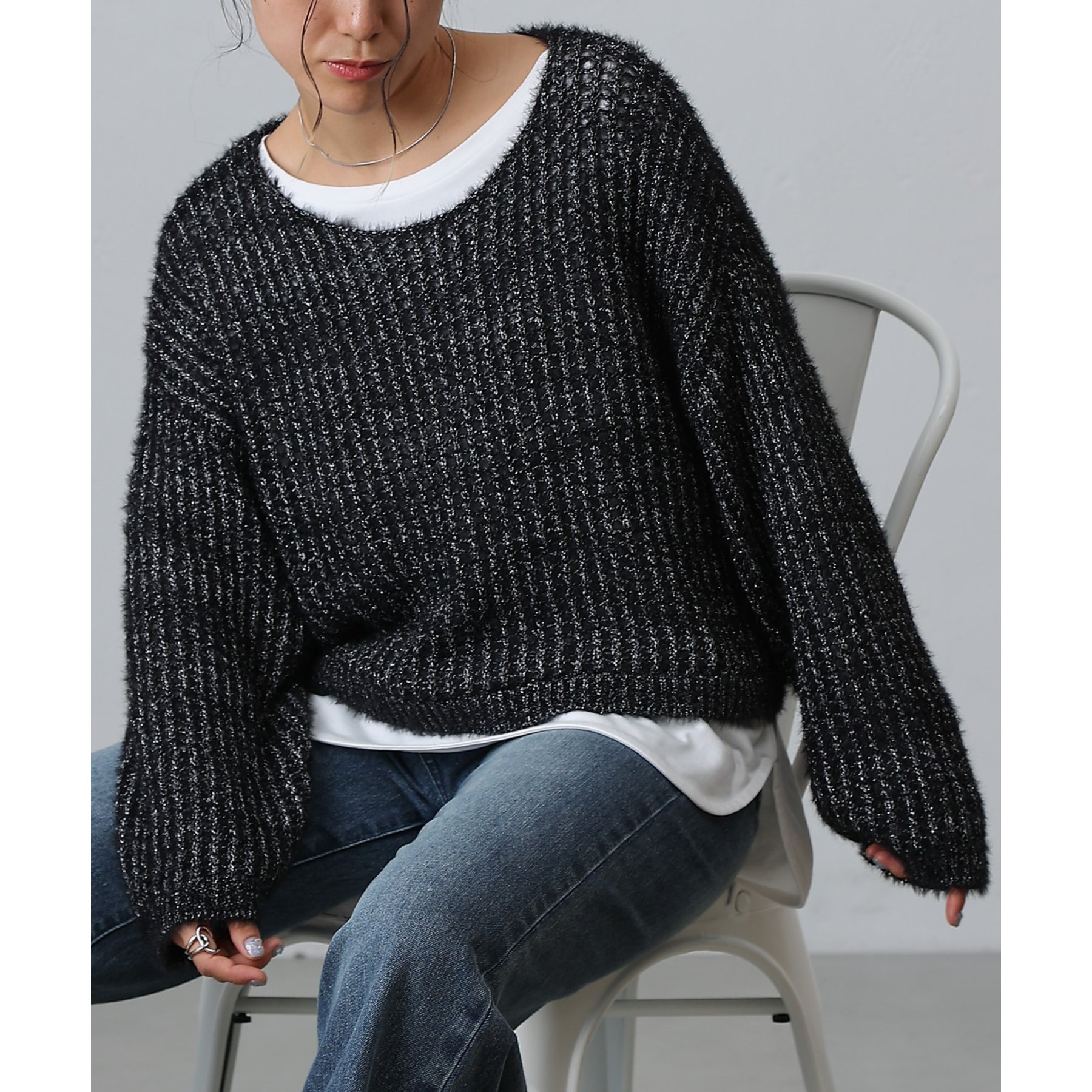 Lani ラニ メッシュ編み 裾アシメニットプルオーバー