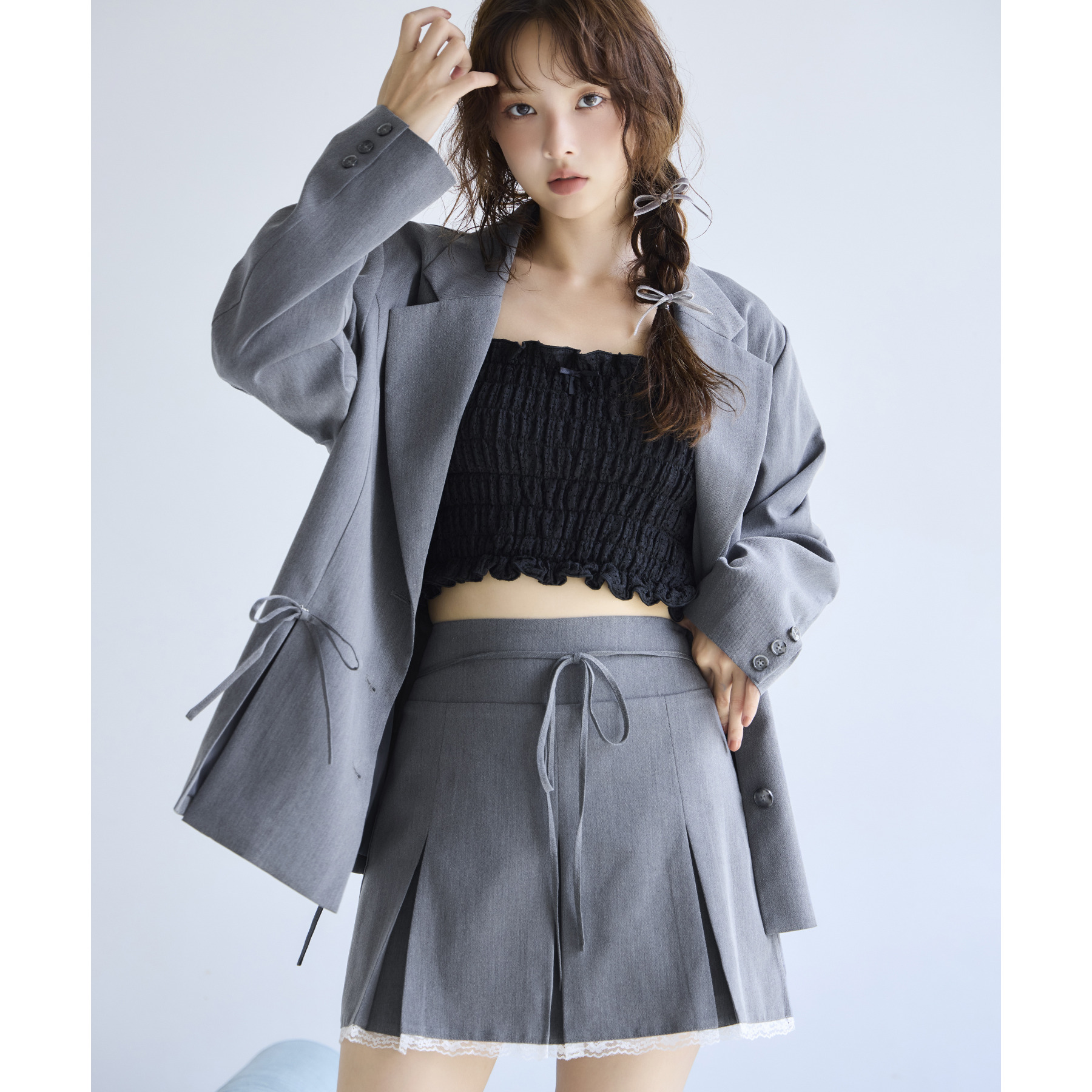 セットで着れるジャケットあり】裾レースプリーツミニスカート