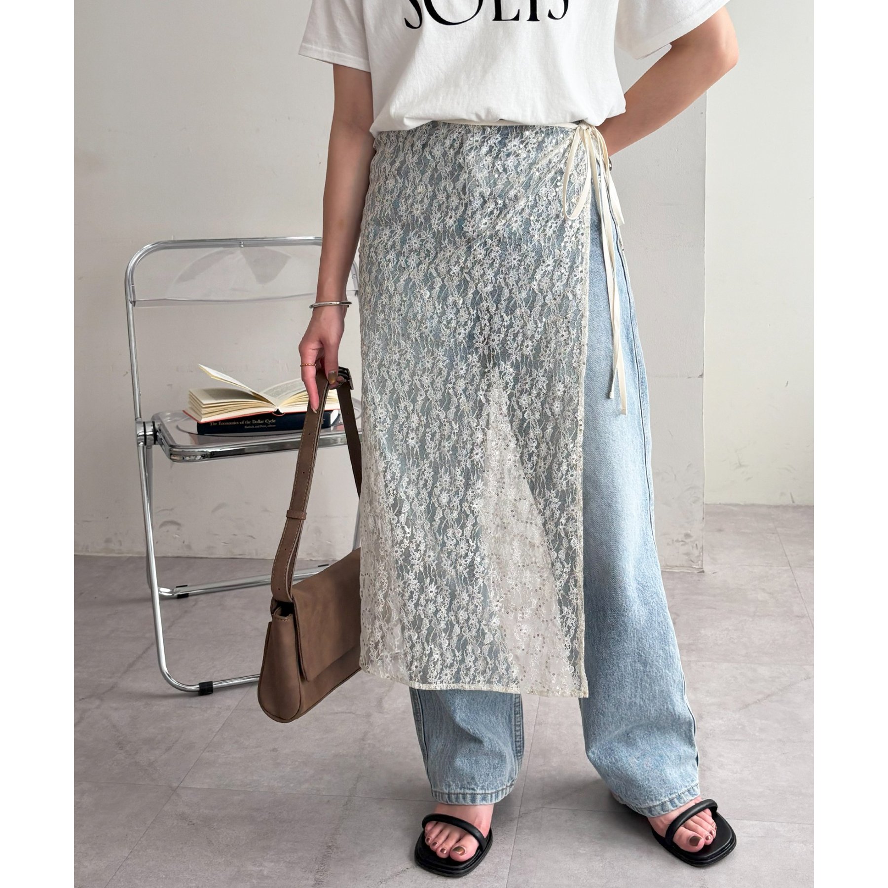 LOUNGEDRESS スパンコールスリットスカート シルバー スパンコール スカート ミドル丈 スリット (スカート