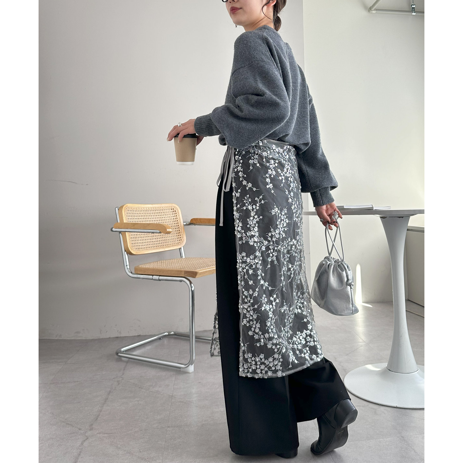 leur logette タイトスカート ラメ スパンコール リネン混 ロング丈 スパンコール ロングスカート シルバー ラメ キラキラ タイト