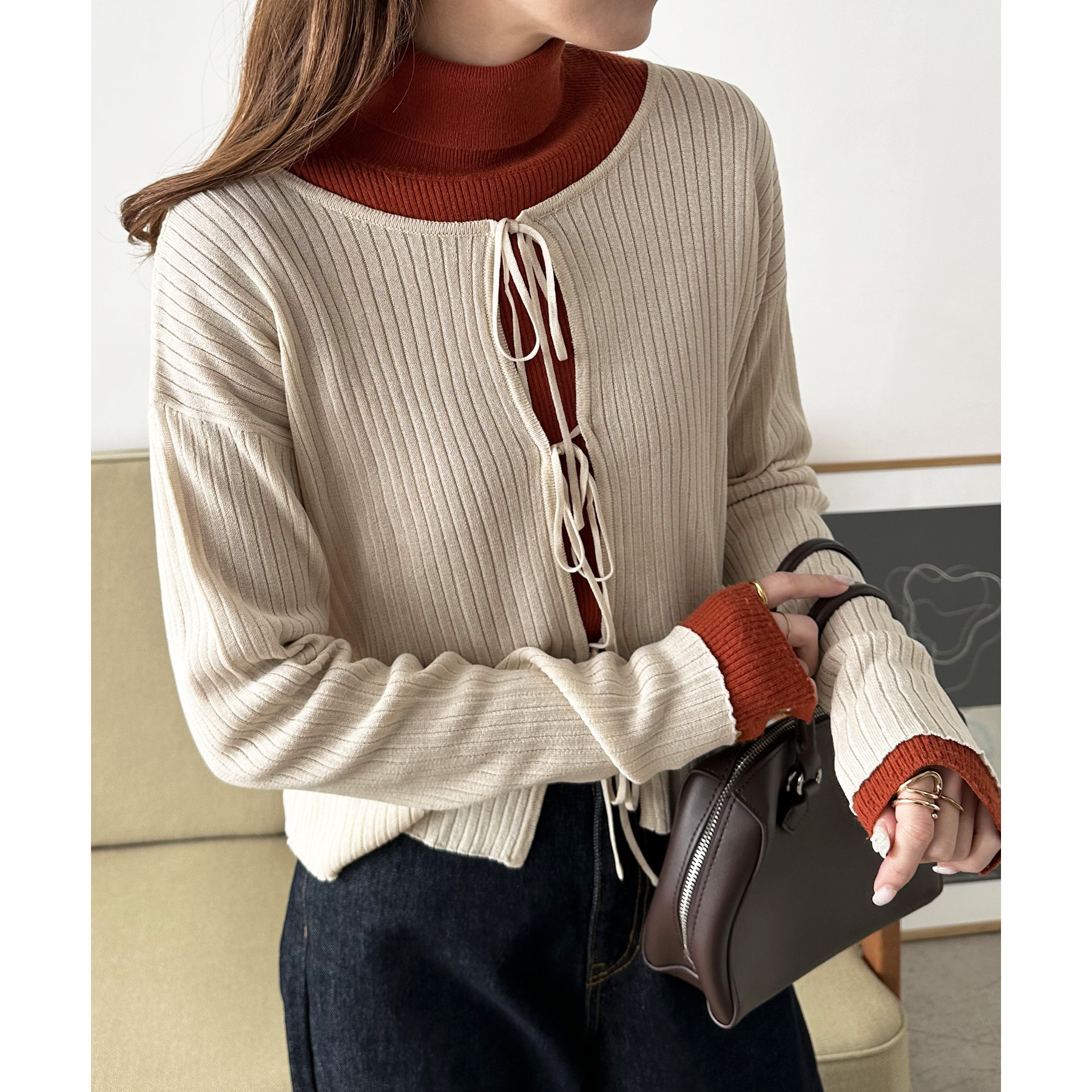 リブ前リボンカーディガン《前後2WAY》 | ファッション通販