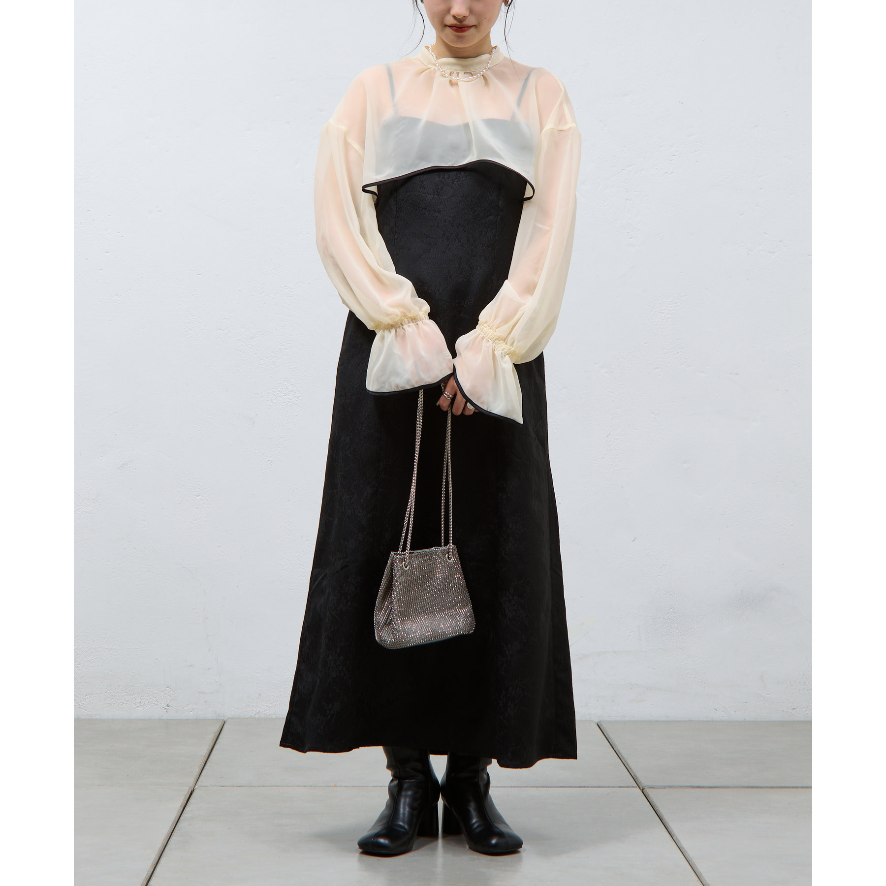 新品☆LLベージュ×黒系ジャガードボレロ＆ワンピドレス♪1.9万円相当☆f248 オケージョンドレス/結婚式/2サイズ展開/SET ITEM/インナー付き