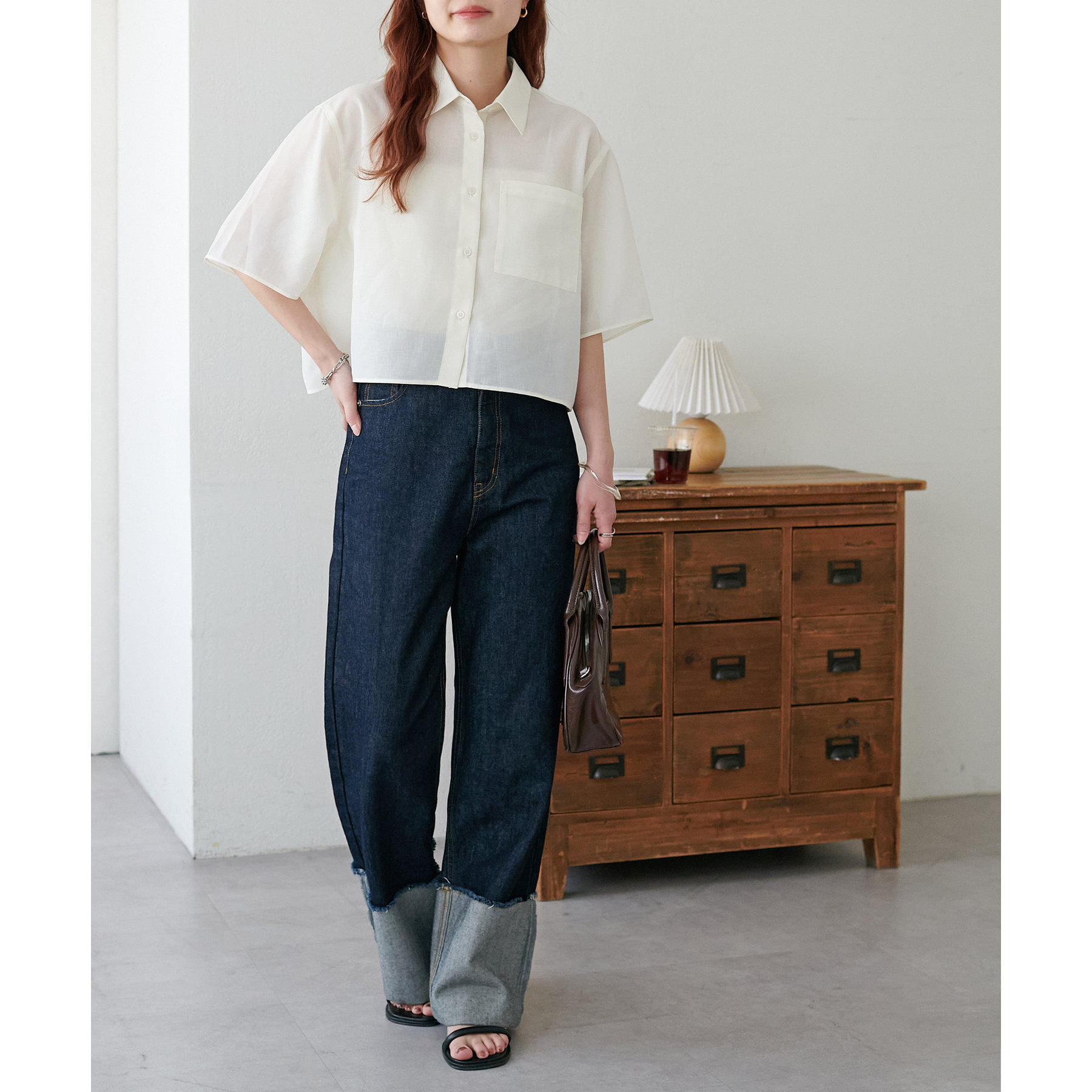 ザシンゾーン 23ss クロップドシアーシャツ 半袖 ブルー rg9 23MMSBL01]THE SHINZONE(ザ シンゾーン)CROPPED SHEER SHIRTS