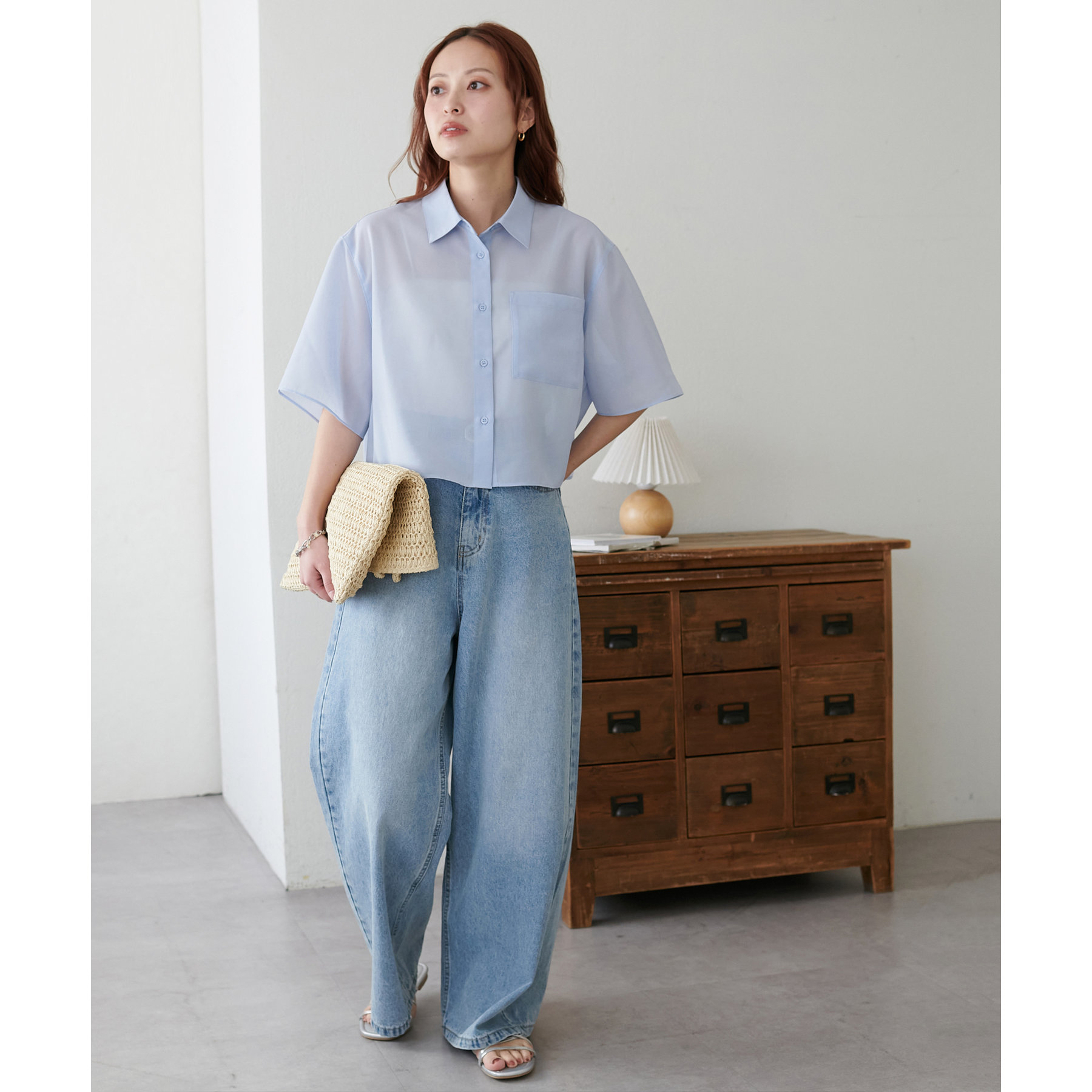 ザシンゾーン 23ss クロップドシアーシャツ 半袖 ブルー rg9 23MMSBL01]THE SHINZONE(ザ シンゾーン)CROPPED SHEER SHIRTS