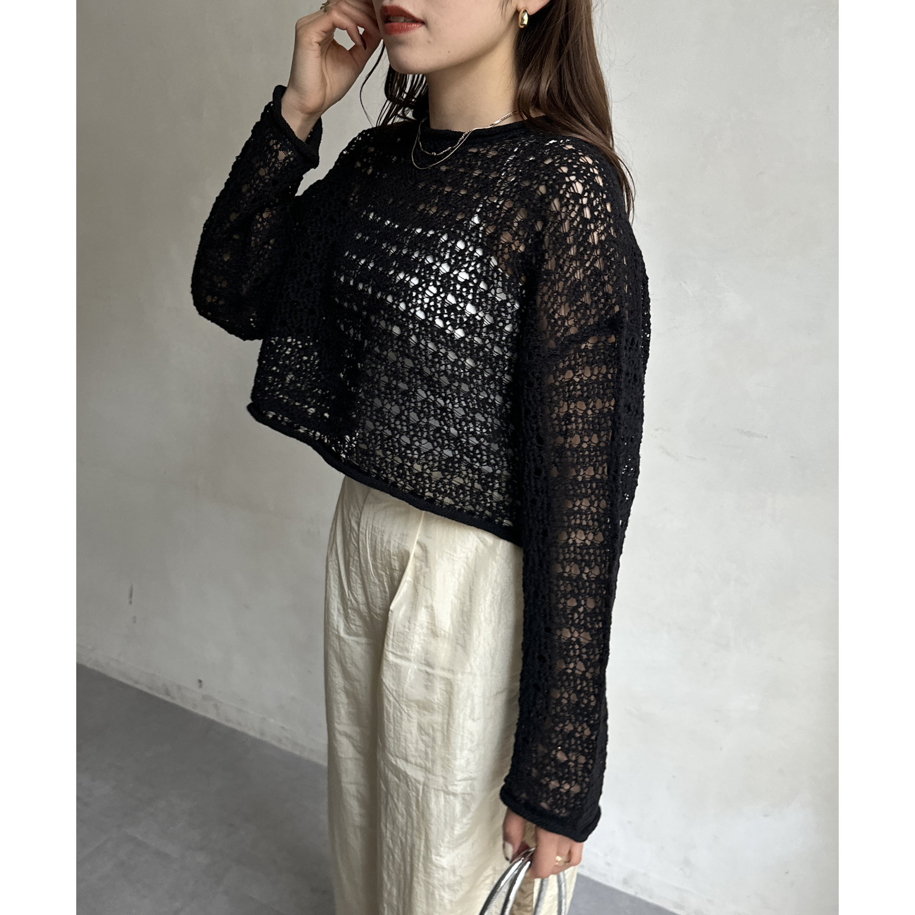 soerte ルーズスラブメッシュニットプルオーバー ブラック ２ Loose slub mesh knit pullover / ルーズスラブメッシュニット