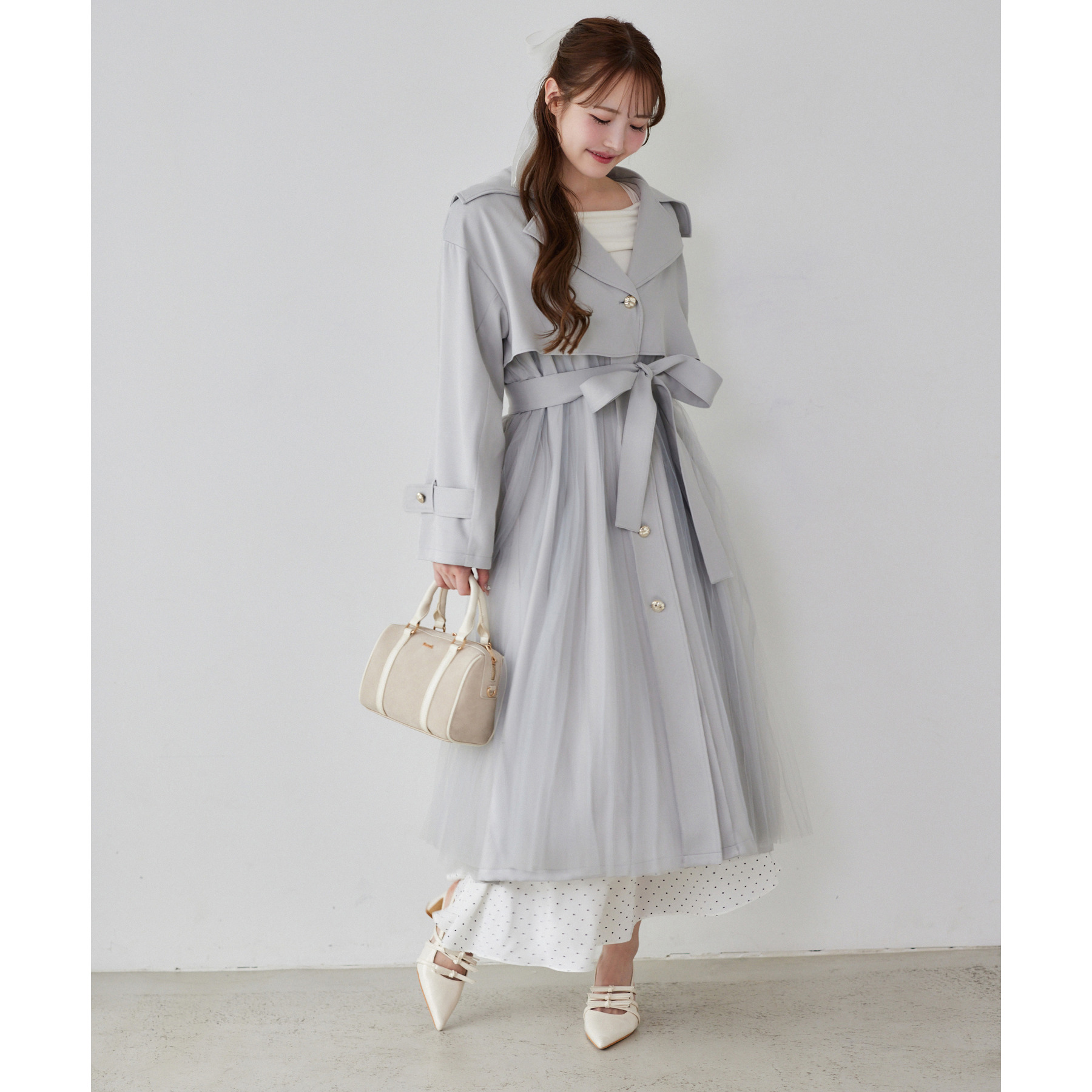 【新品未使用】チュールトレンチコート　グレー　Ｍ　ナイスクラップ チュールトレンチコート | ファッション通販サイト NUGU