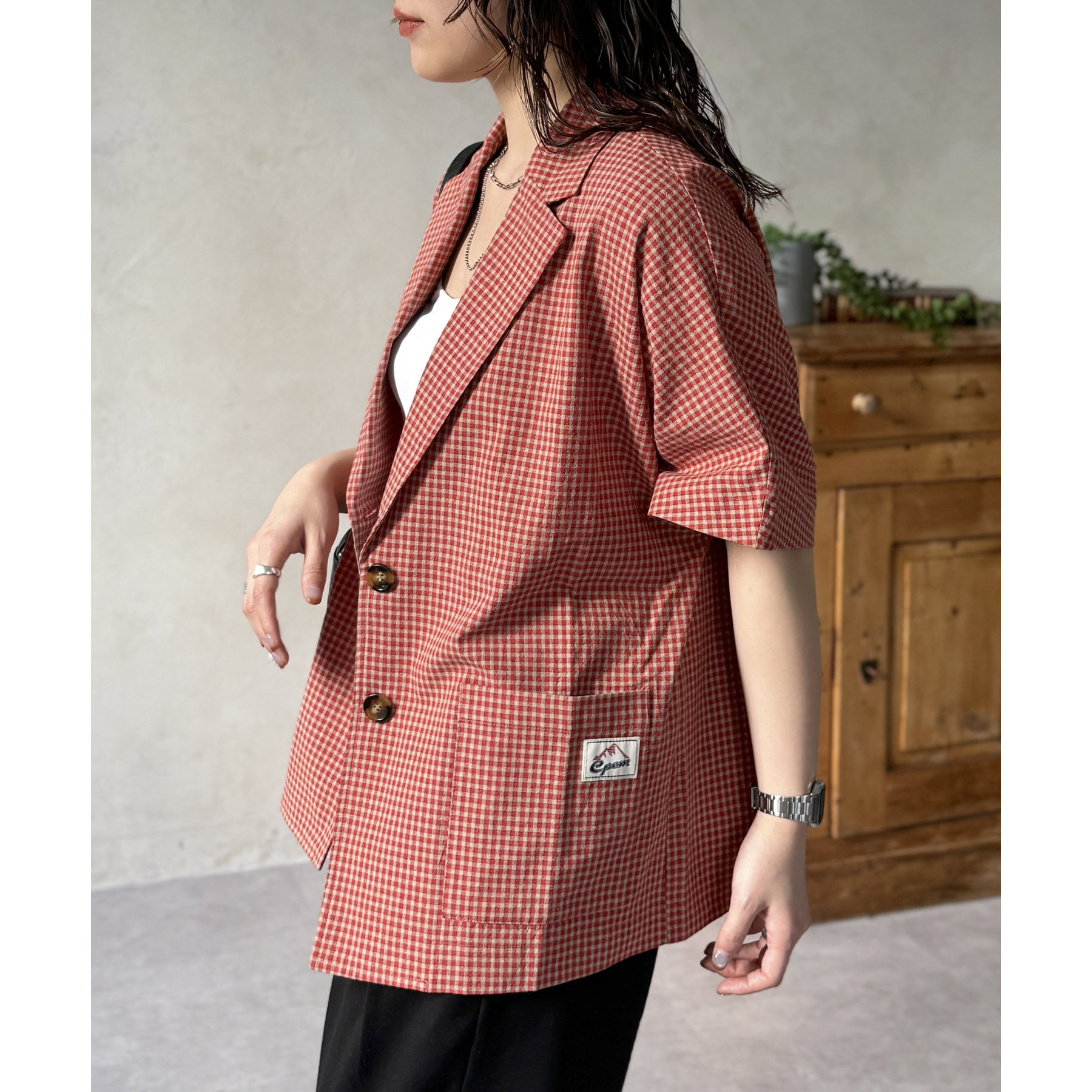 シアサッカーチェック半袖テーラードジャケット | ファッション