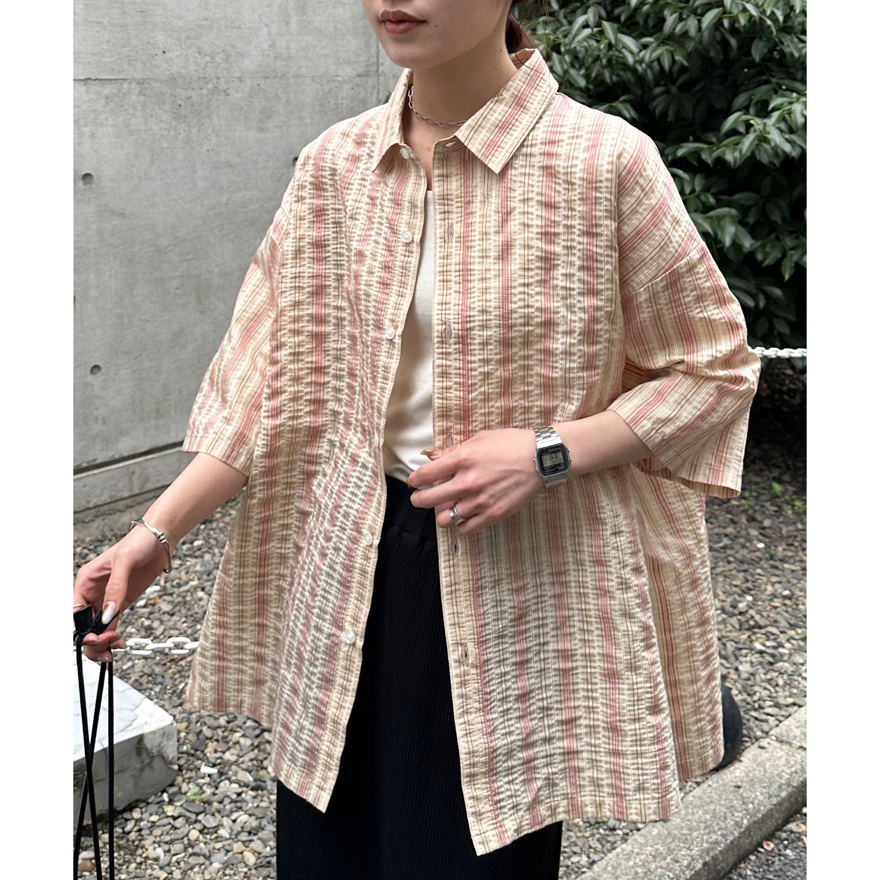 ユニセックス】ドビーマルチストライプ半袖シャツ