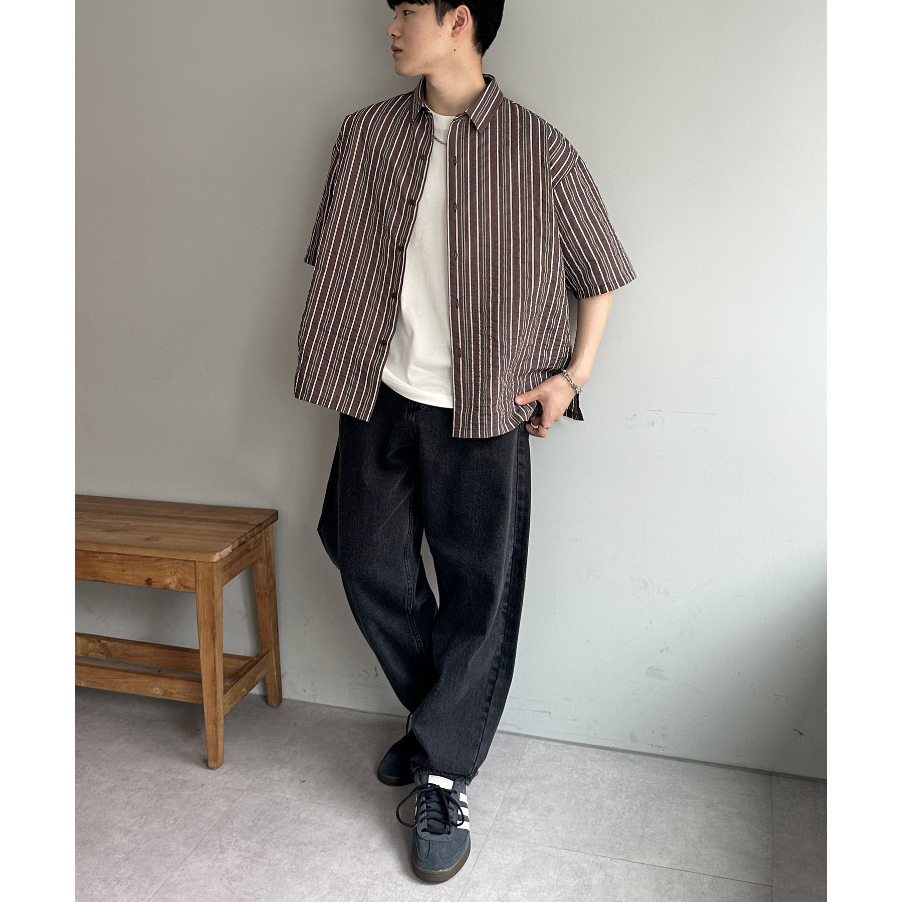 ユニセックス】ドビーマルチストライプ半袖シャツ