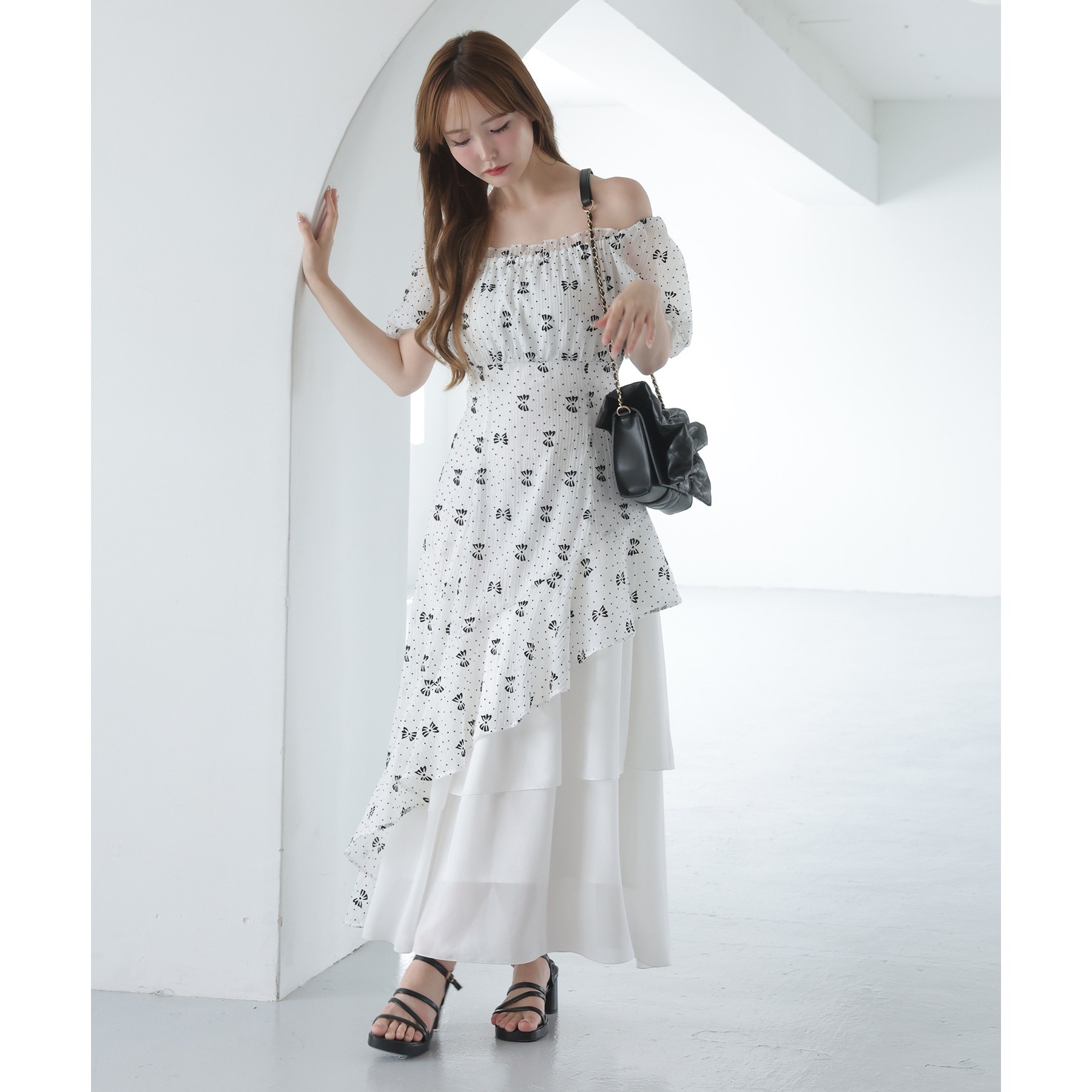 イレヘムティアードロングワンピース（リボン柄） Black collection】イレヘムティアードロングワンピース