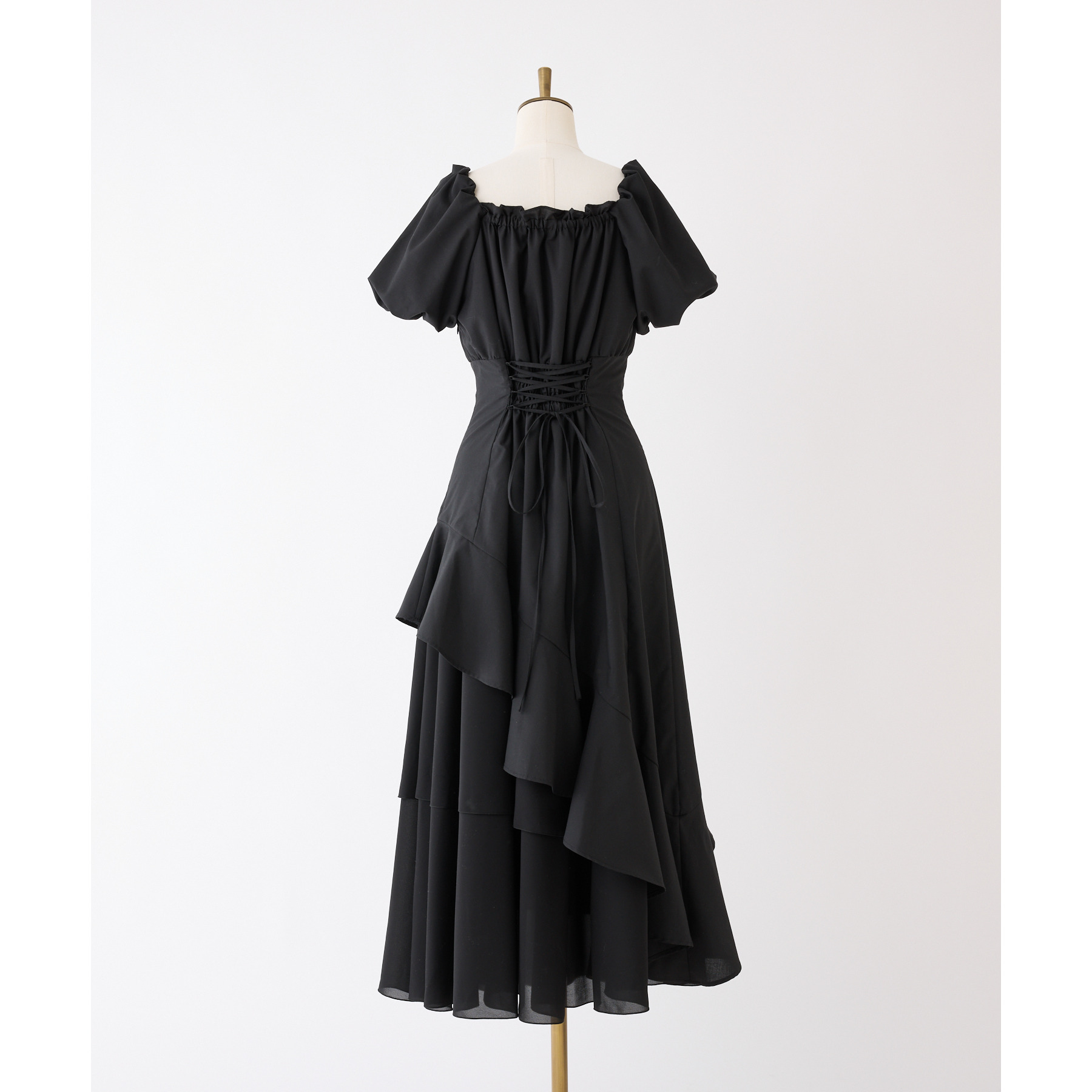 【Black collection】イレヘムティアードロングワンピース　ブラック Black collection】イレヘムティアードロングワンピース