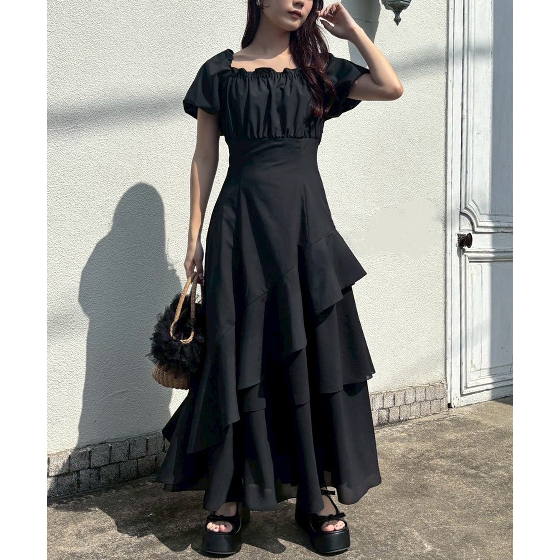 イレヘムティアードロングワンピース（リボン柄） Black collection】イレヘムティアードロングワンピース