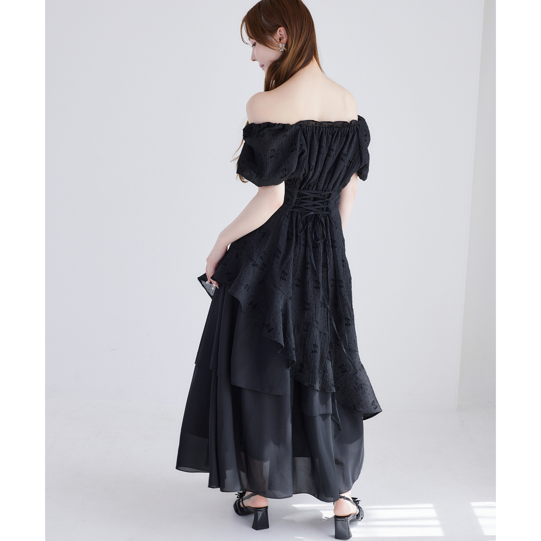 イレヘムティアードロングワンピース（リボン柄） Black collection】イレヘムティアードロングワンピース