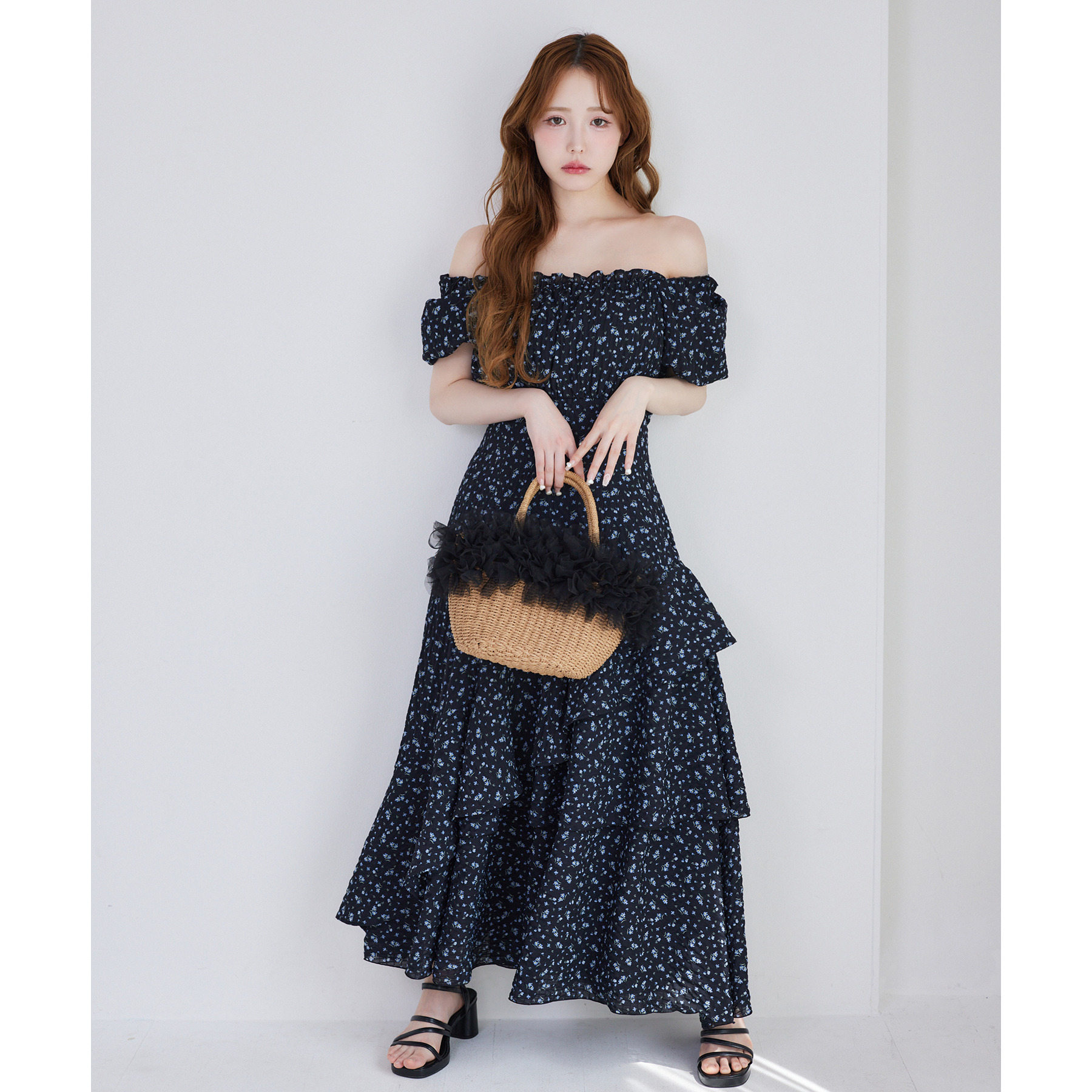 イレヘムティアードロングワンピース（リボン柄） Black collection】イレヘムティアードロングワンピース