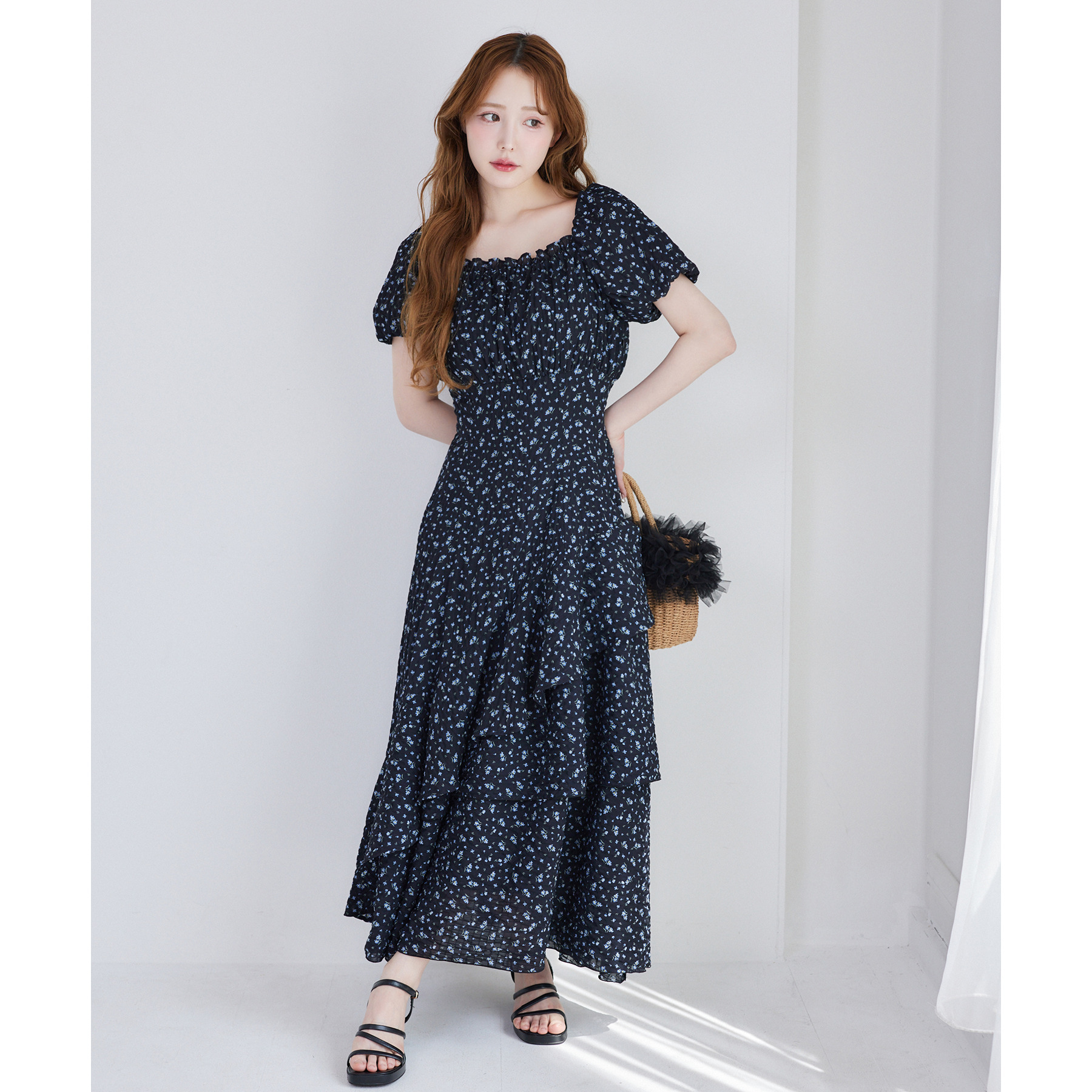 【Black collection】イレヘムティアードロングワンピース　ブラック Black collection】イレヘムティアードロングワンピース