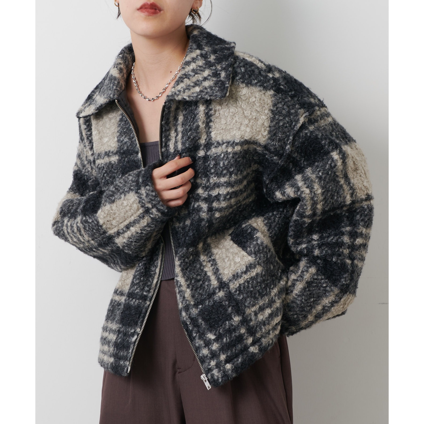 フェイクリングウールチェックZIPブルゾン | ファッション通販サイト NUGU