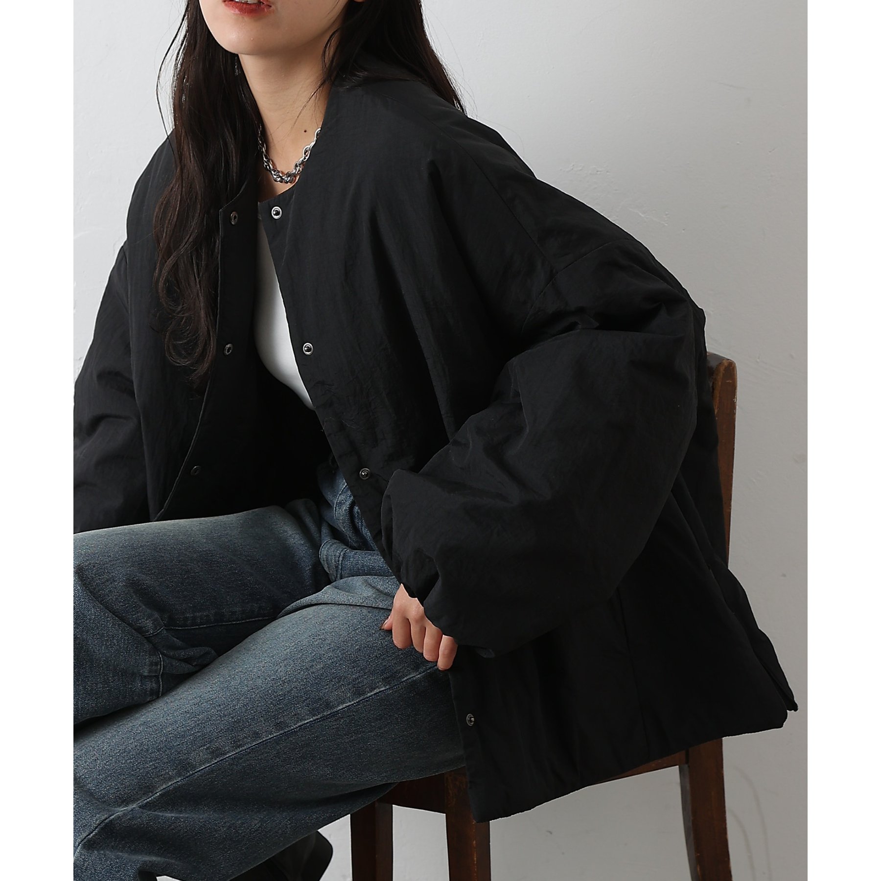 WEB限定】サイドZIPノーカラー中綿ジャケット | ファッション通販