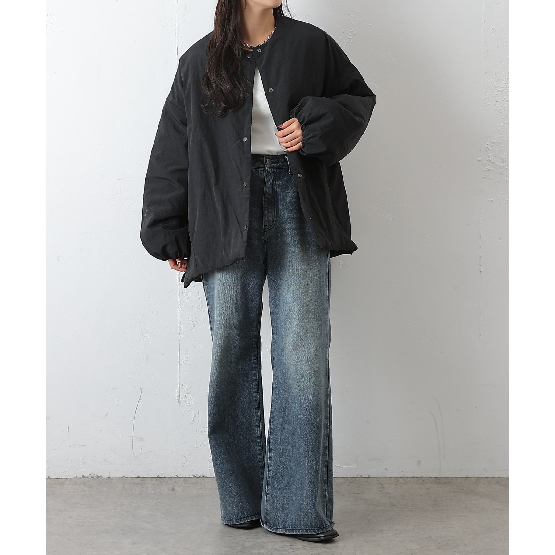 WEB限定】サイドZIPノーカラー中綿ジャケット | ファッション通販